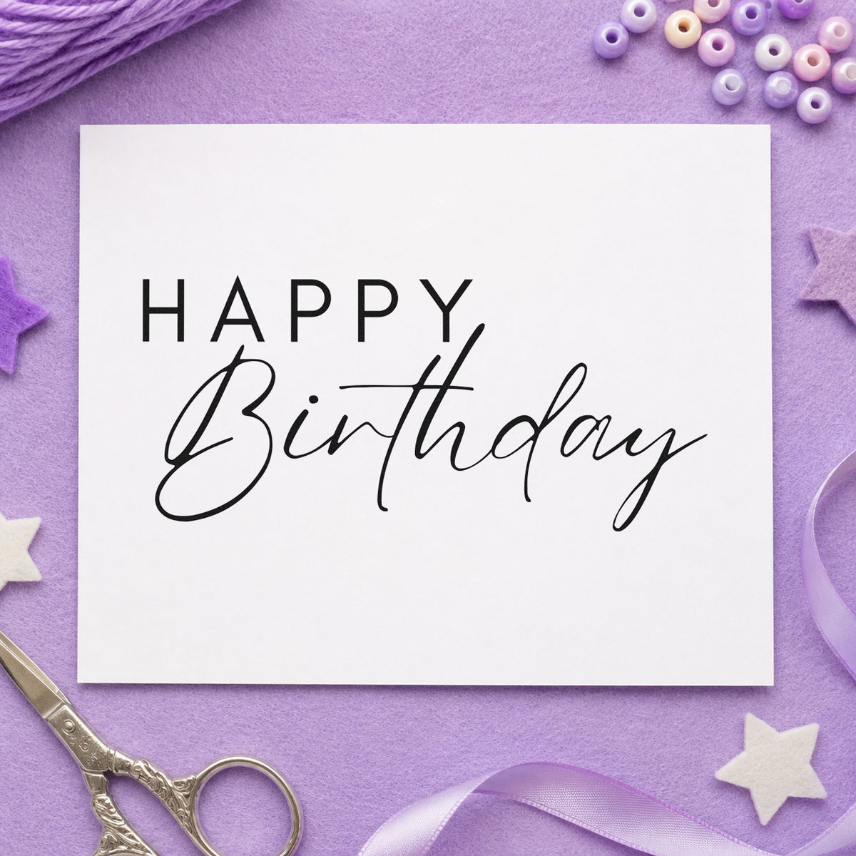 Happy Birthday Thin Lettering rubber stamp printed in black ink, ready for light script cards and similar paper crafts.