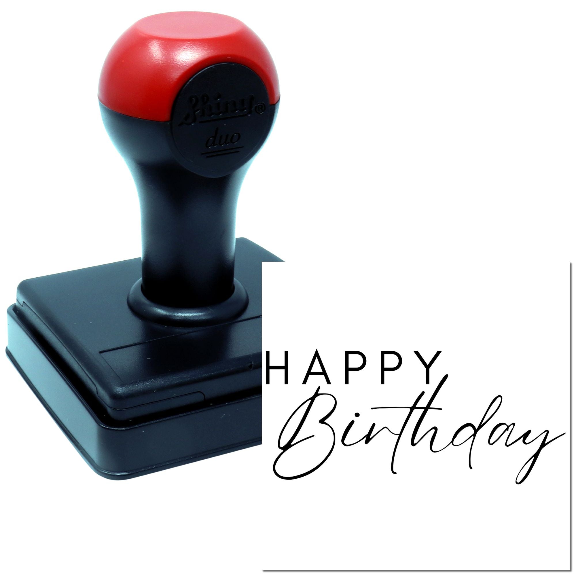 Happy Birthday self-inking rubber stamp for greeting cards, party invitations, and personal messages.