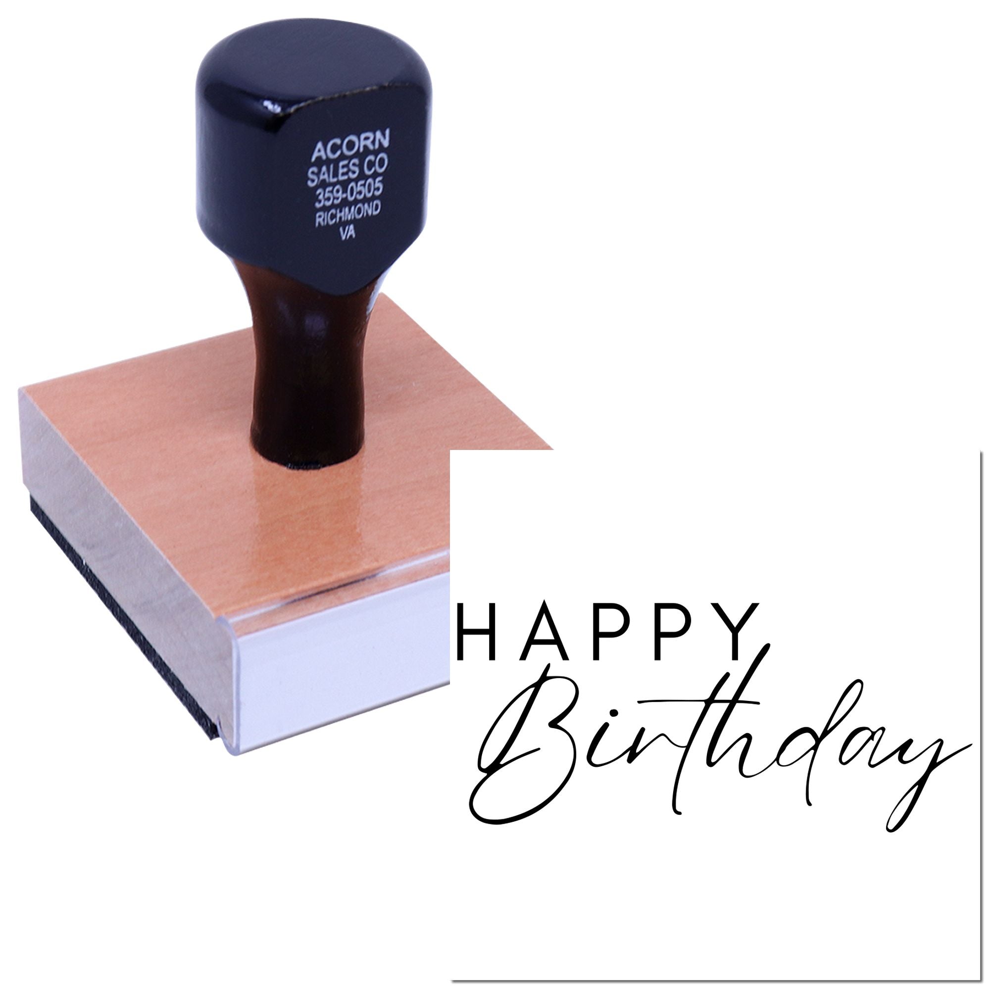 Custom Happy Birthday rubber stamp for greeting cards, invitations, and handmade crafts.