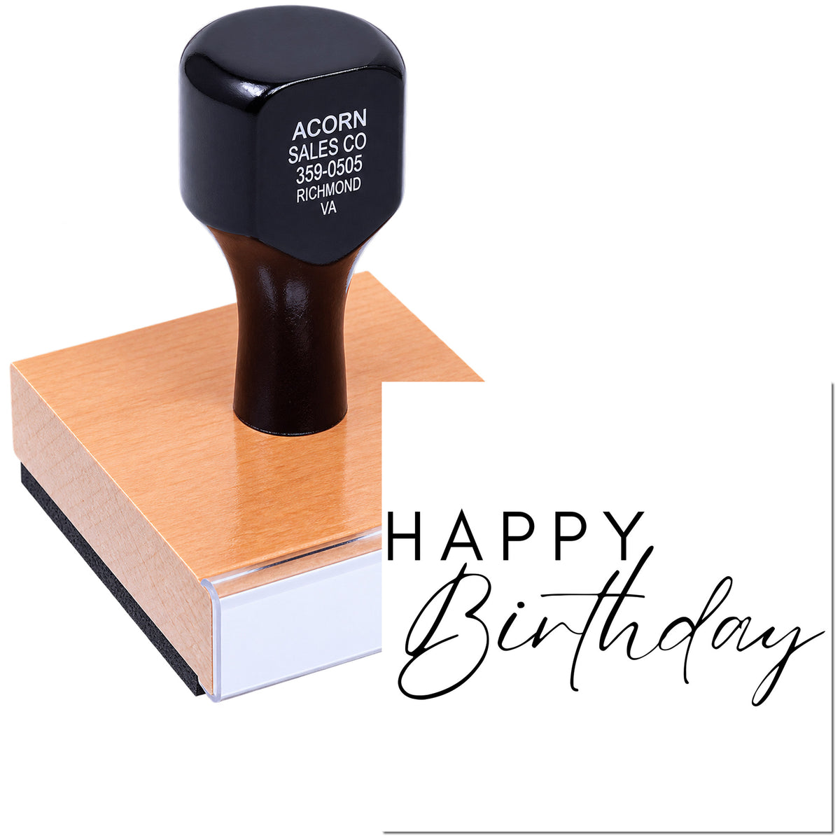 Custom Happy Birthday rubber stamp for greeting cards, invitations, and handmade crafts.