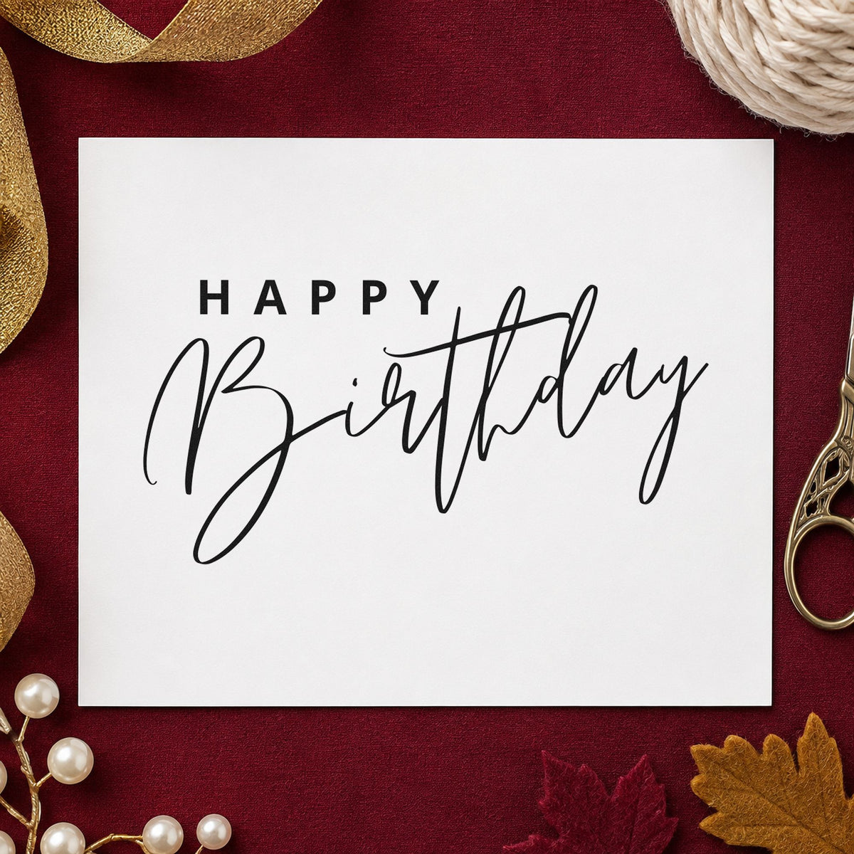 Happy Birthday Sweeping Script craft stamp imprint in black ink on a handmade project, one idea being board gift tags.