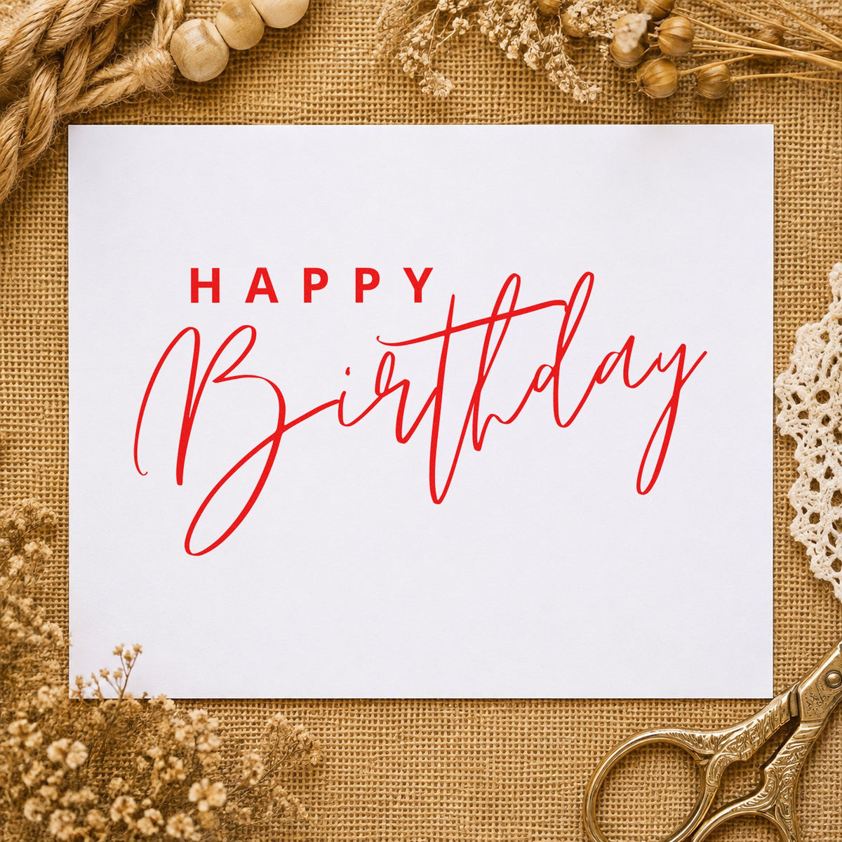 Happy Birthday Sweeping Script rubber stamp shown in red ink, stamped for projects such as bin ingredient labels.