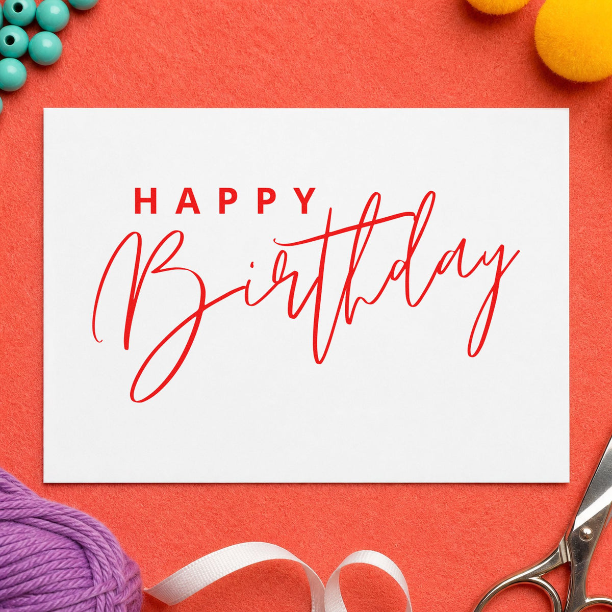 Happy Birthday Sweeping Script craft stamp imprint in red ink on a handmade project, one idea being serving note cards.