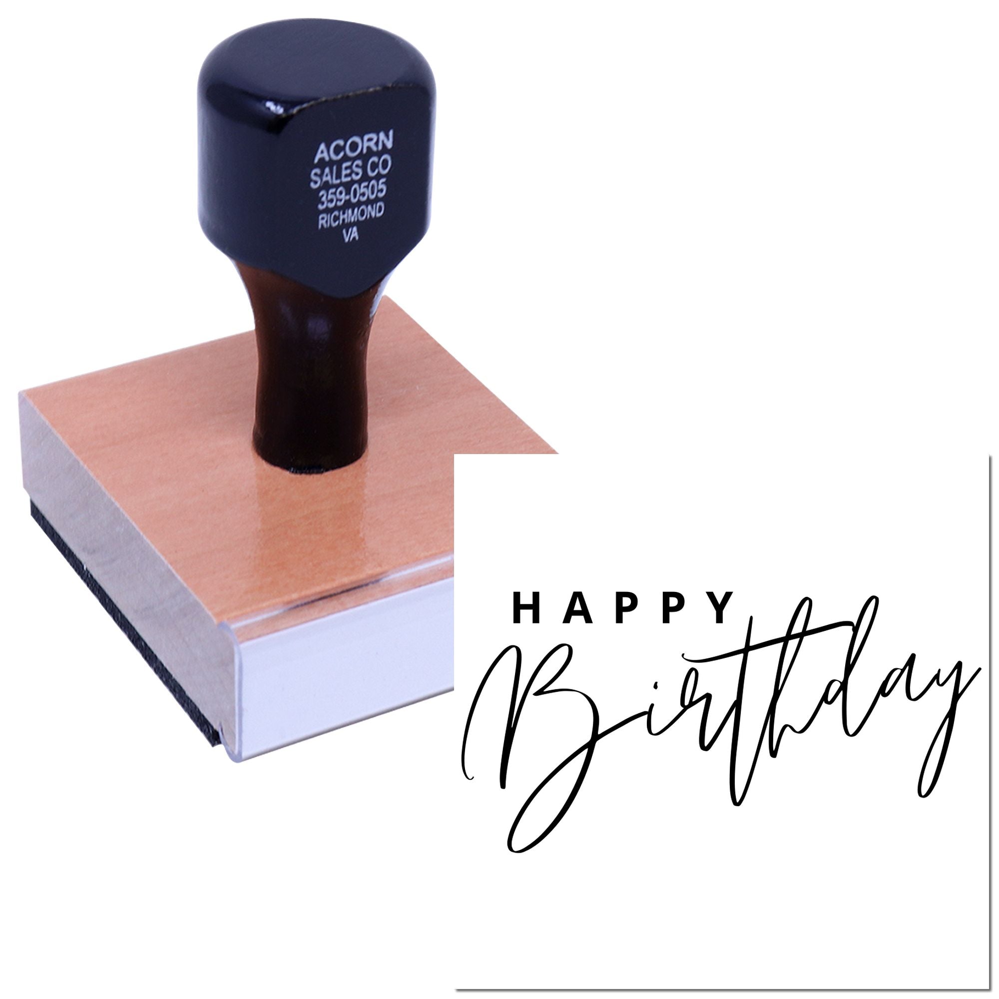 Happy Birthday rubber stamp with custom handle for greeting cards, invitations, and party crafts.