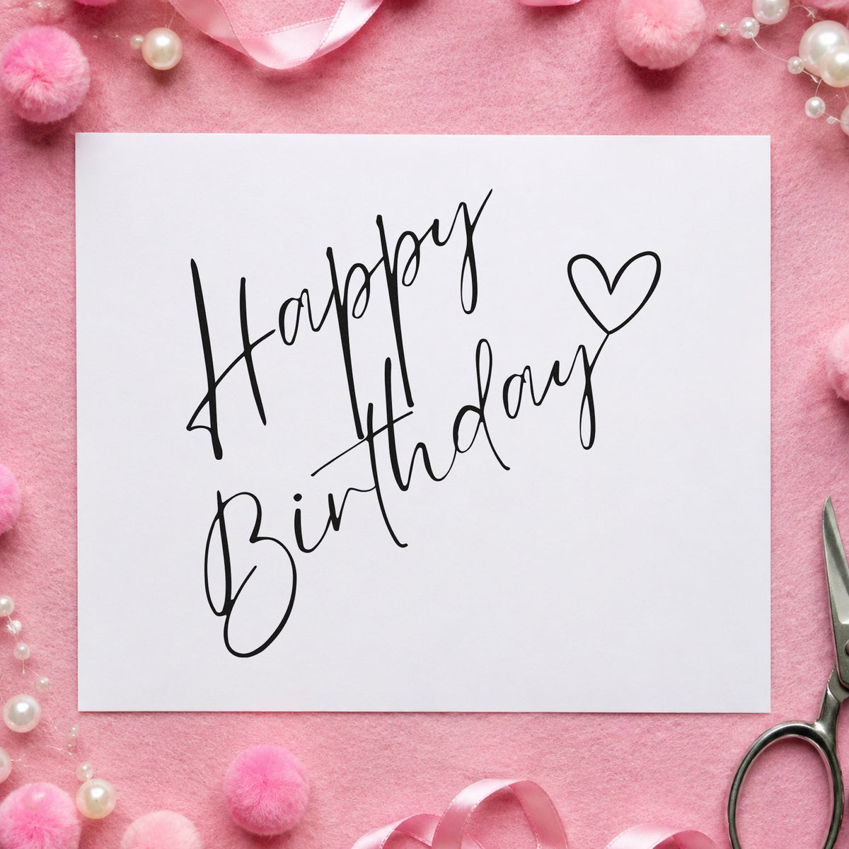 Diagonal Birthday Heart Script craft stamp in black ink on cardstock, an easy option for quiet year album page.