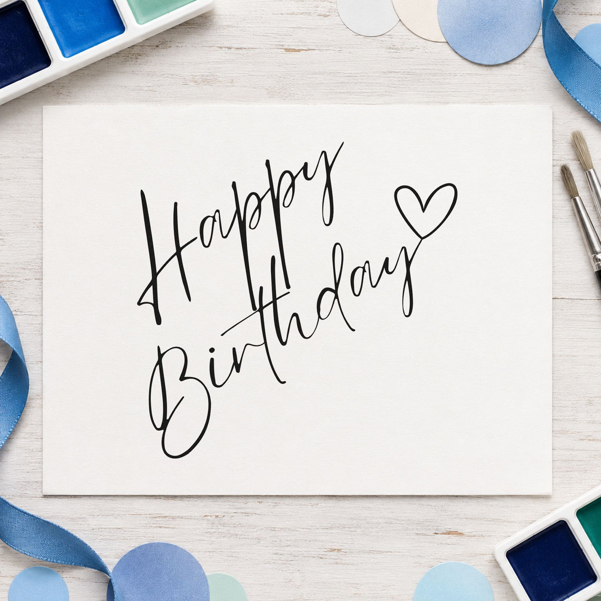 Diagonal Birthday Heart Script craft stamp imprint in black ink on a handmade project, one idea being comfort gift tags.
