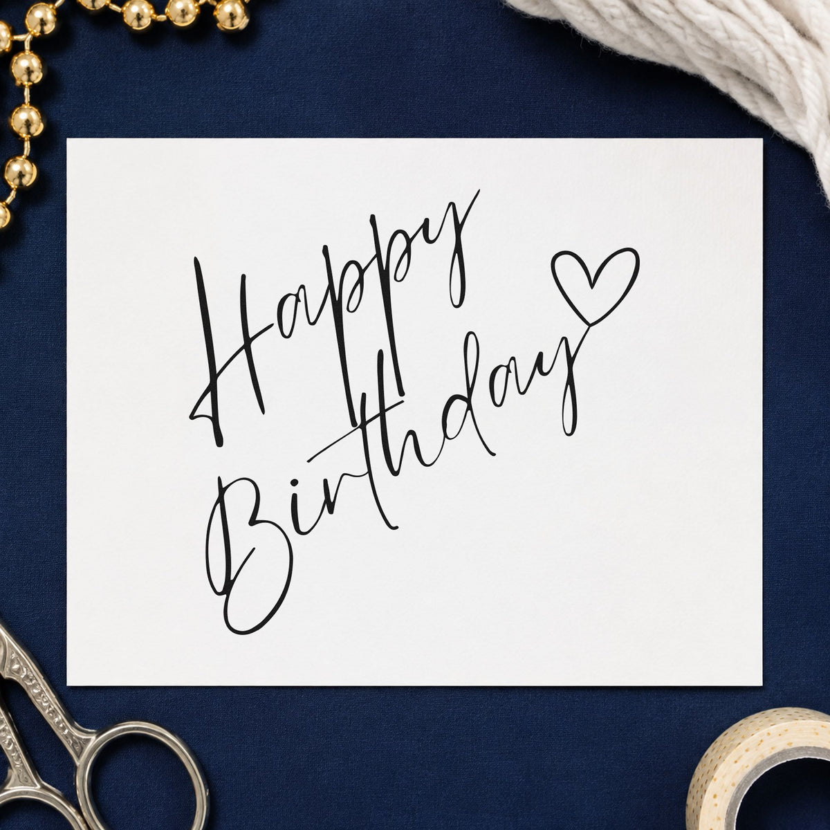 Diagonal Birthday Heart Script rubber stamp printed in black ink, ready for small plan sheet and similar paper crafts.