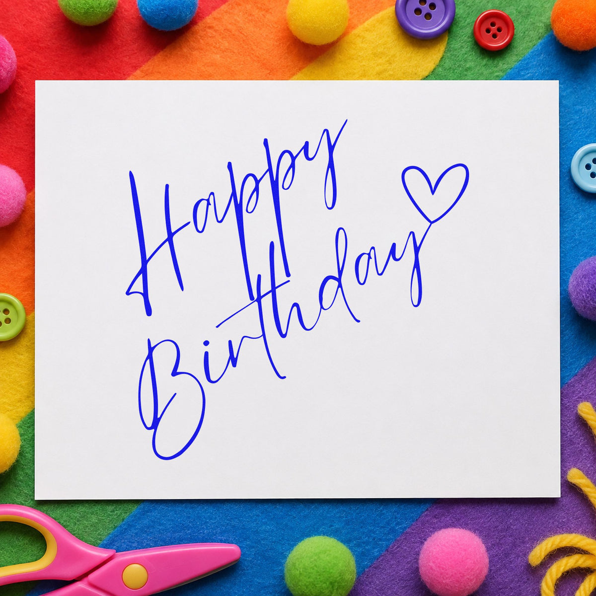 Diagonal Birthday Heart Script craft stamp in blue ink on cardstock, an easy option for blanket corner printing.