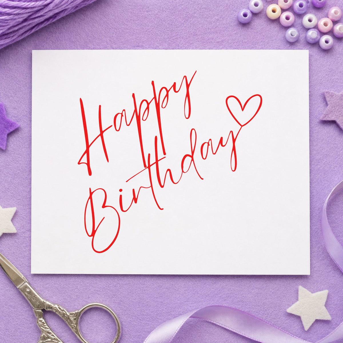 Diagonal Birthday Heart Script rubber stamp shown in red ink, stamped for projects such as basket comfort labels.