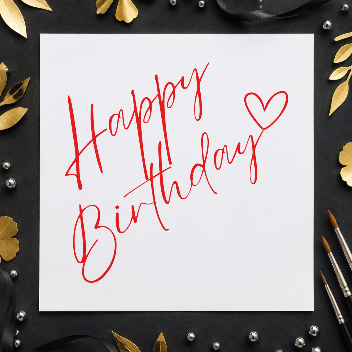 Diagonal Birthday Heart Script craft stamp imprint in red ink on a handmade project, one idea being kind note cards.