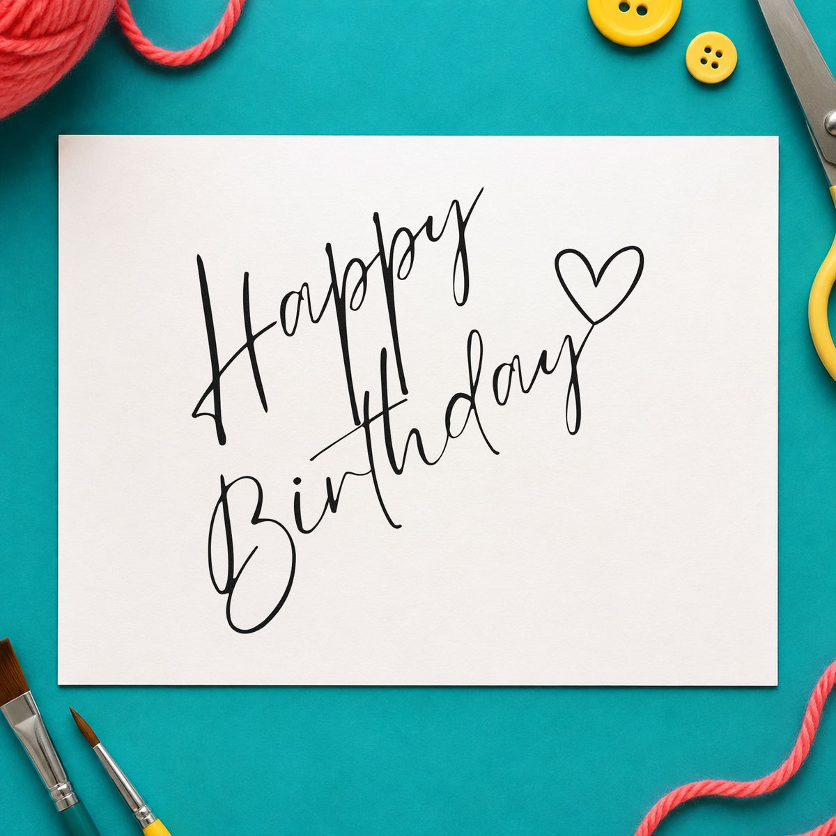 Diagonal Birthday Heart Script rubber stamp printed in black ink, ready for outlined heart cards and similar paper crafts.