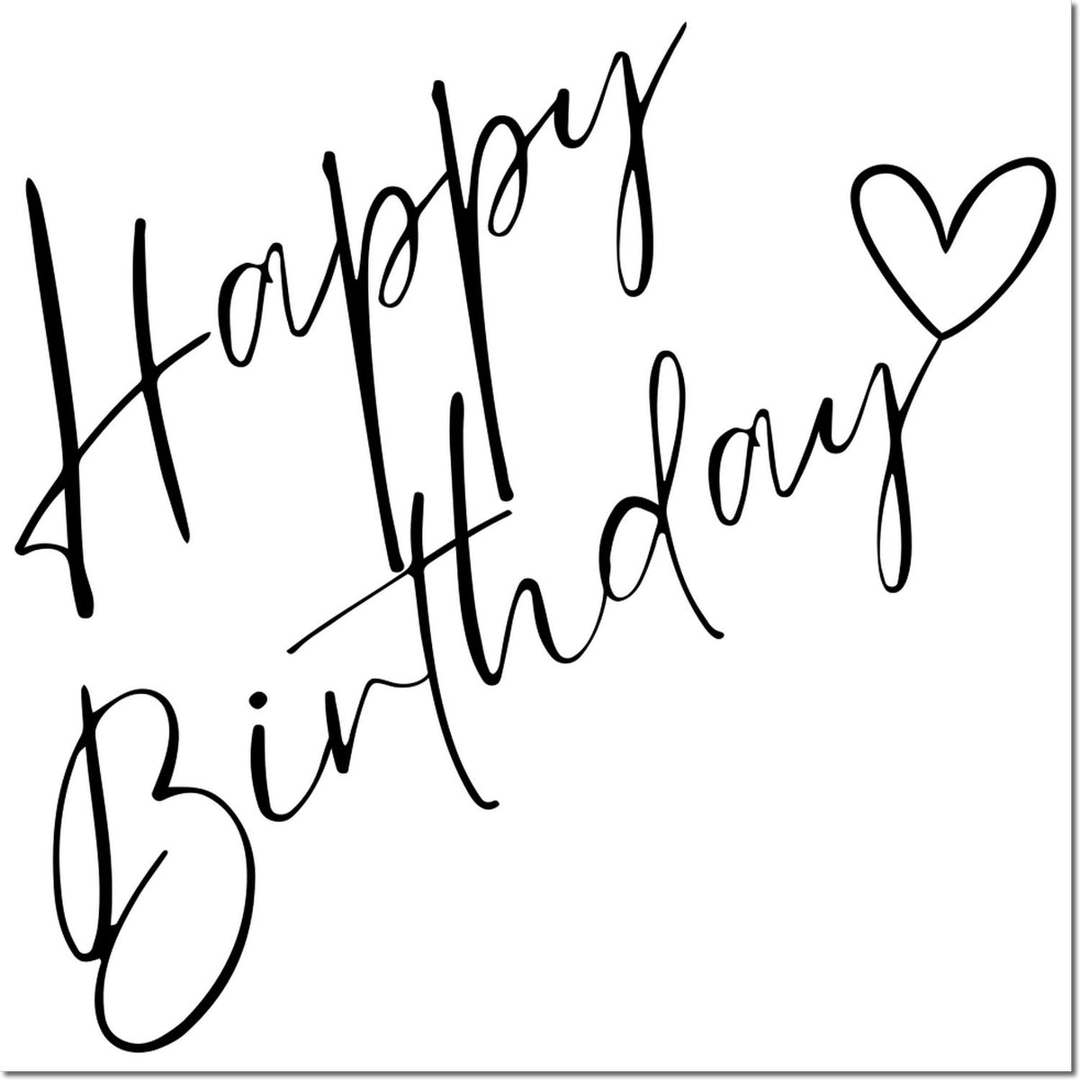 Happy Birthday script rubber stamp with heart, ideal for birthday cards, craft projects, and handmade gift packaging.