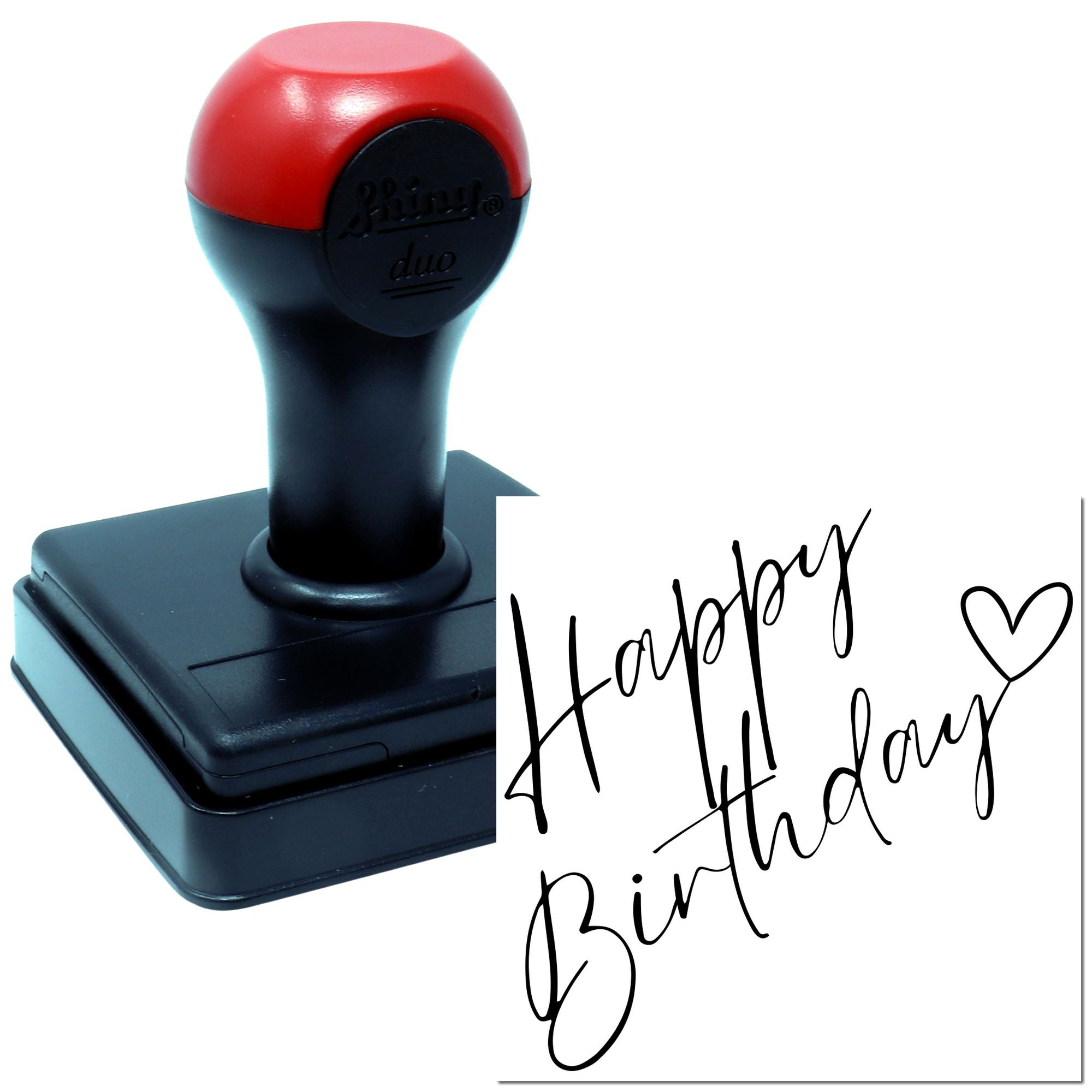 Self-inking rubber stamp with Happy Birthday design and heart, ideal for birthday cards and party invitations.