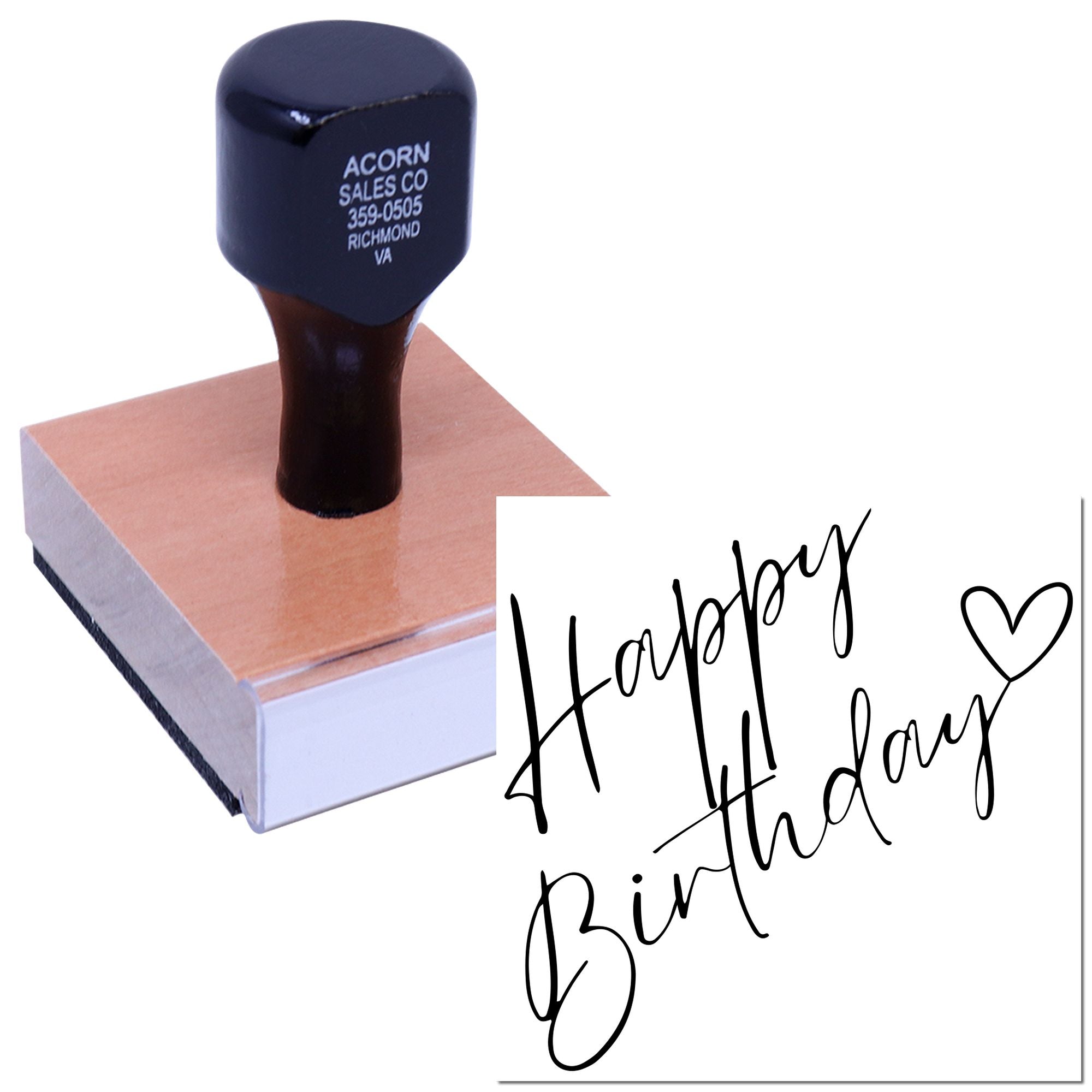 Custom Happy Birthday rubber stamp with heart for greeting cards, crafts, and handmade invitations.