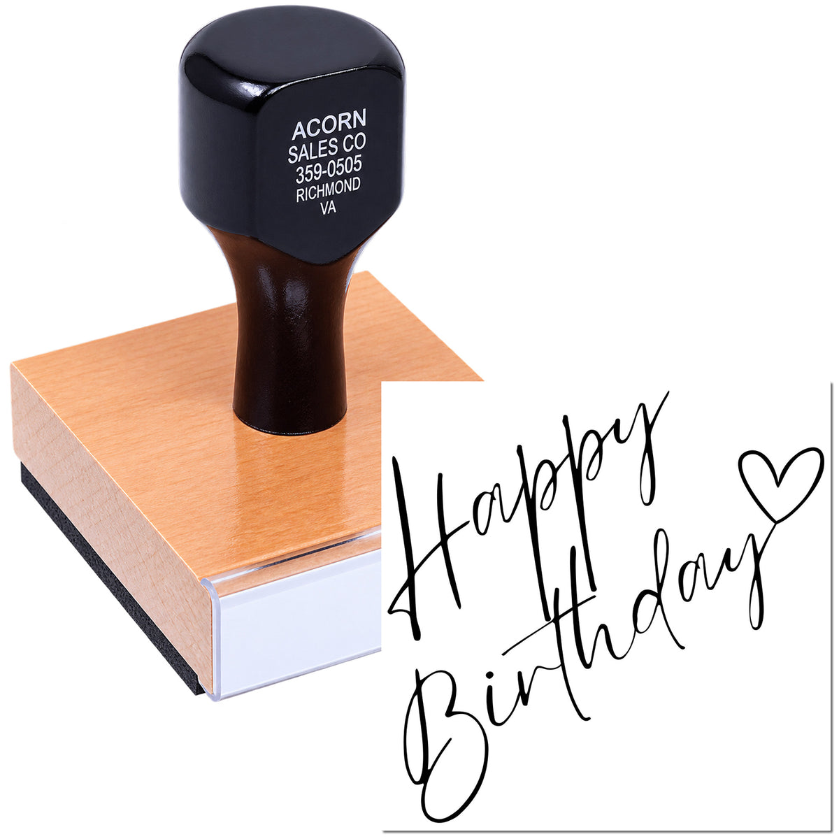 Custom Happy Birthday rubber stamp with heart for greeting cards, crafts, and handmade invitations.