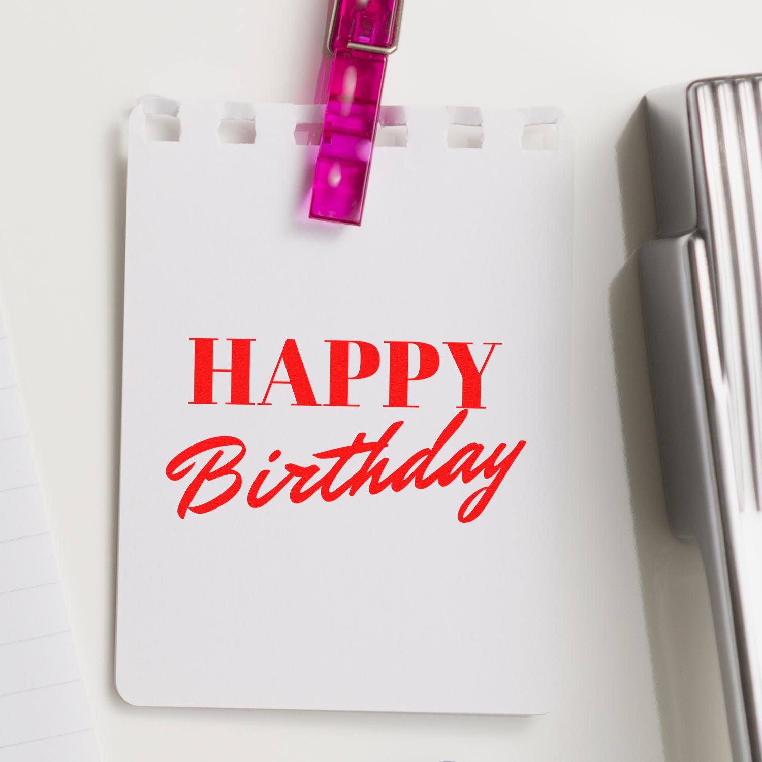 Happy Birthday rubber stamp sample on card, ideal for custom birthday cards and party invitations.
