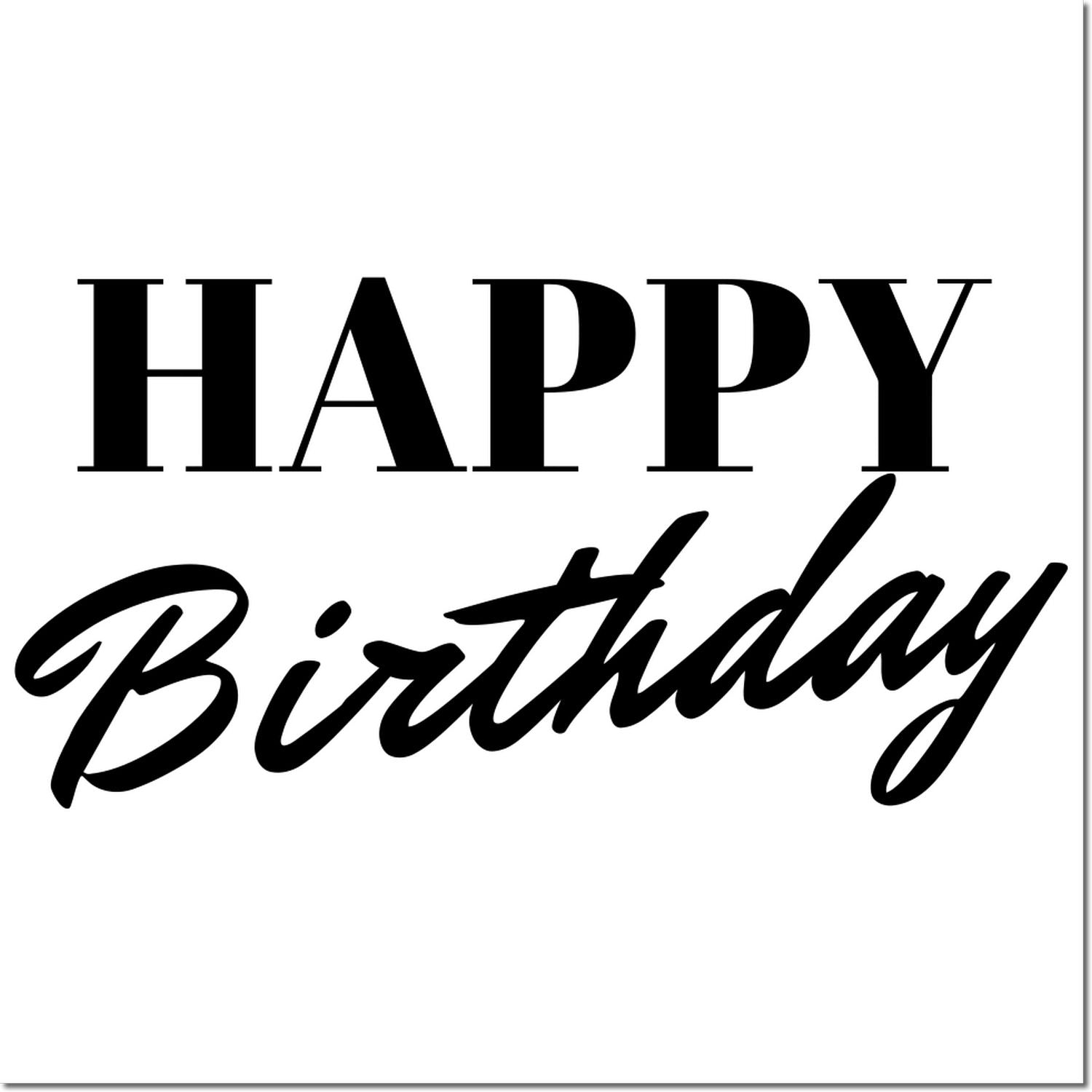 Happy Birthday rubber stamp design with bold black lettering for greeting cards, gift tags, and party crafts.