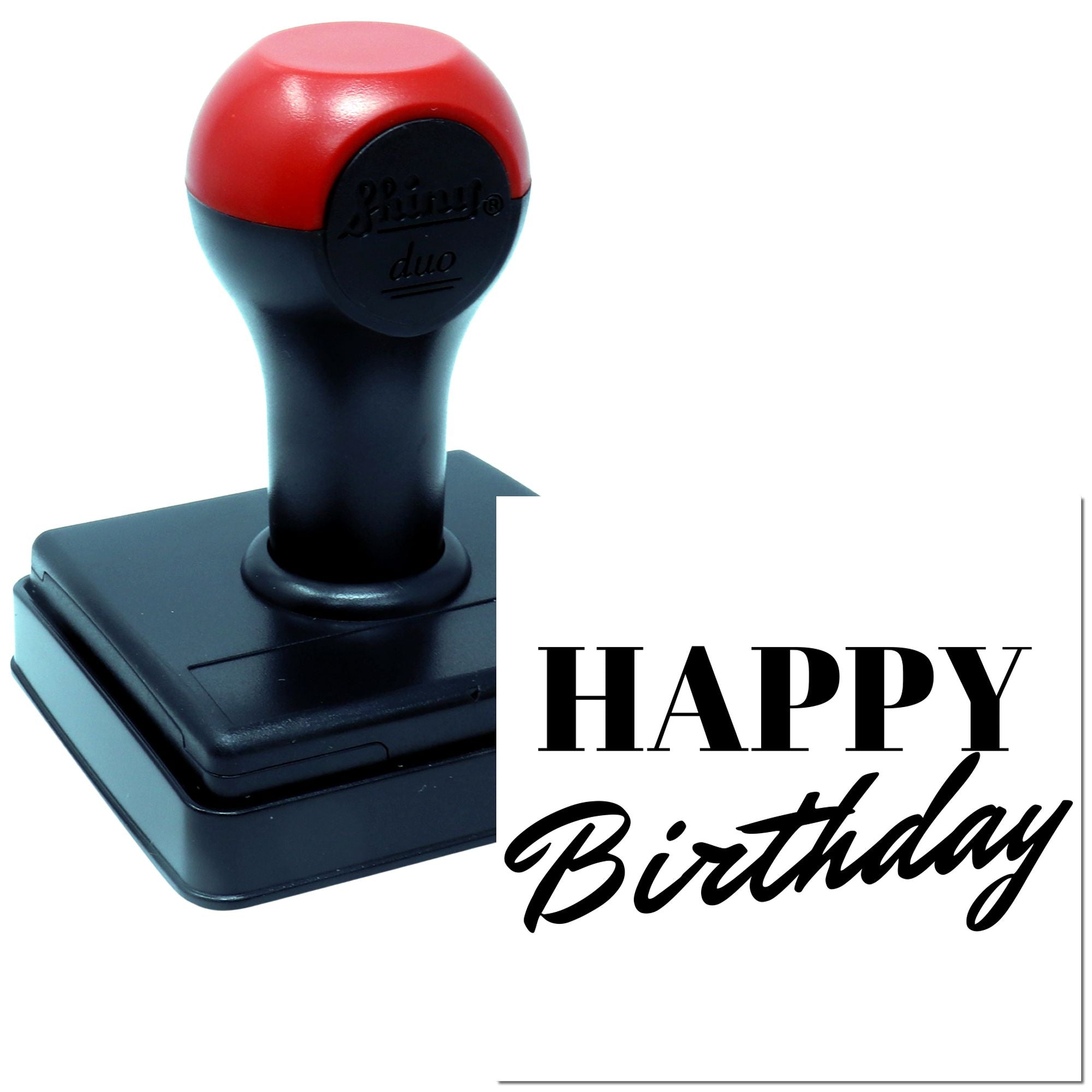 Self-inking rubber stamp with Happy Birthday imprint for custom greeting cards, invitations, and party packaging.