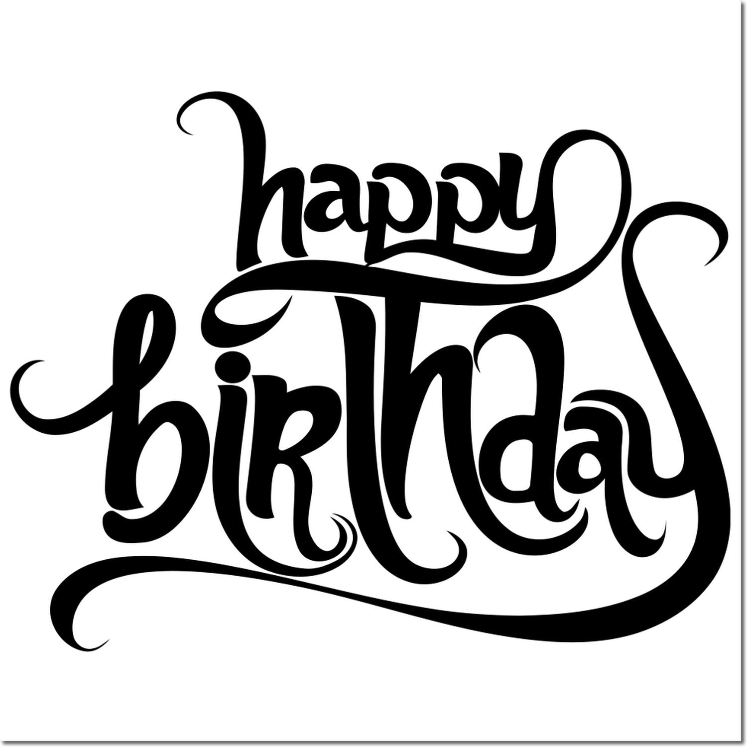 Decorative Happy Birthday rubber stamp design with bold black lettering for greeting cards, invitations, and craft projects.