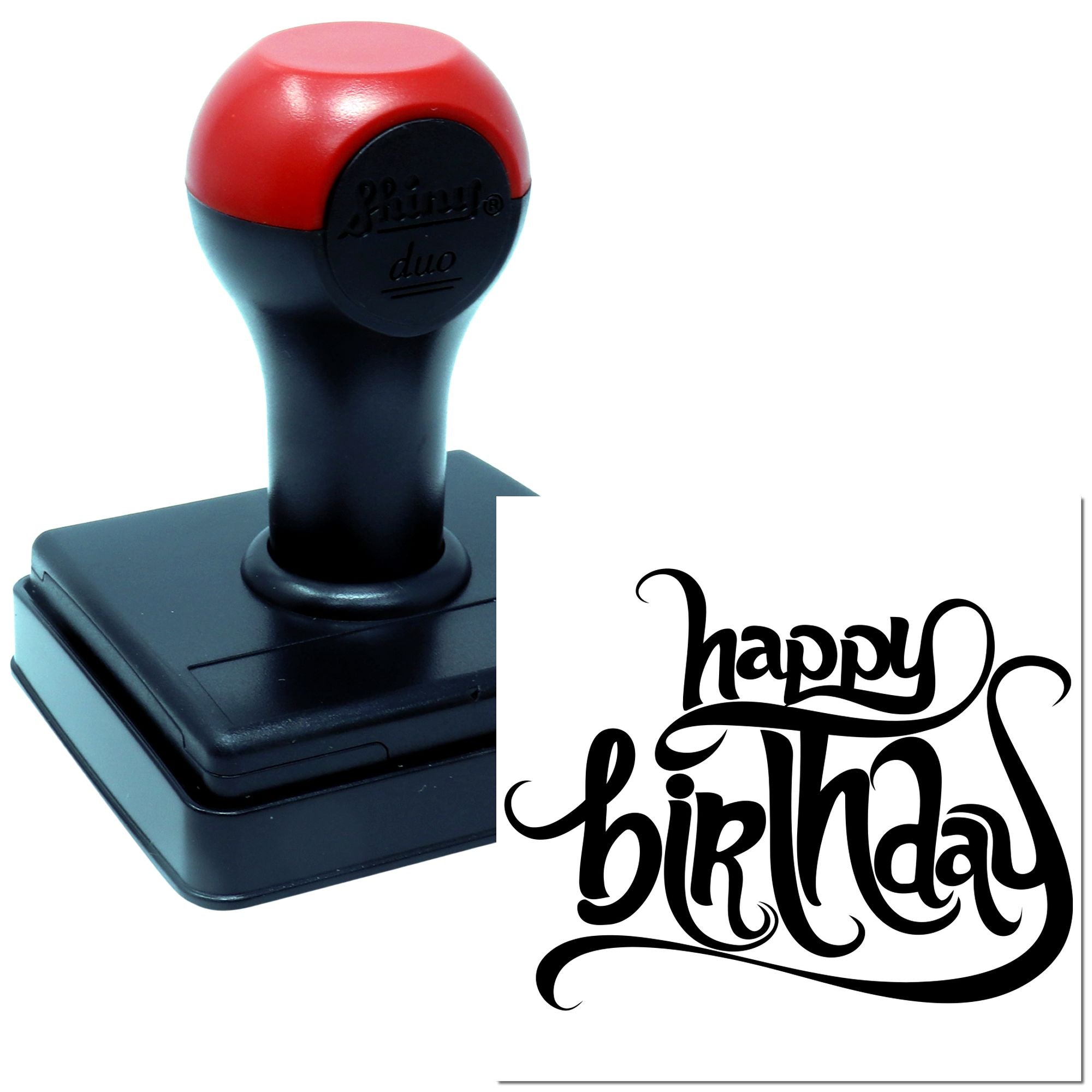 Self-inking happy birthday rubber stamp for card making, scrapbooking, and personalized birthday greetings.