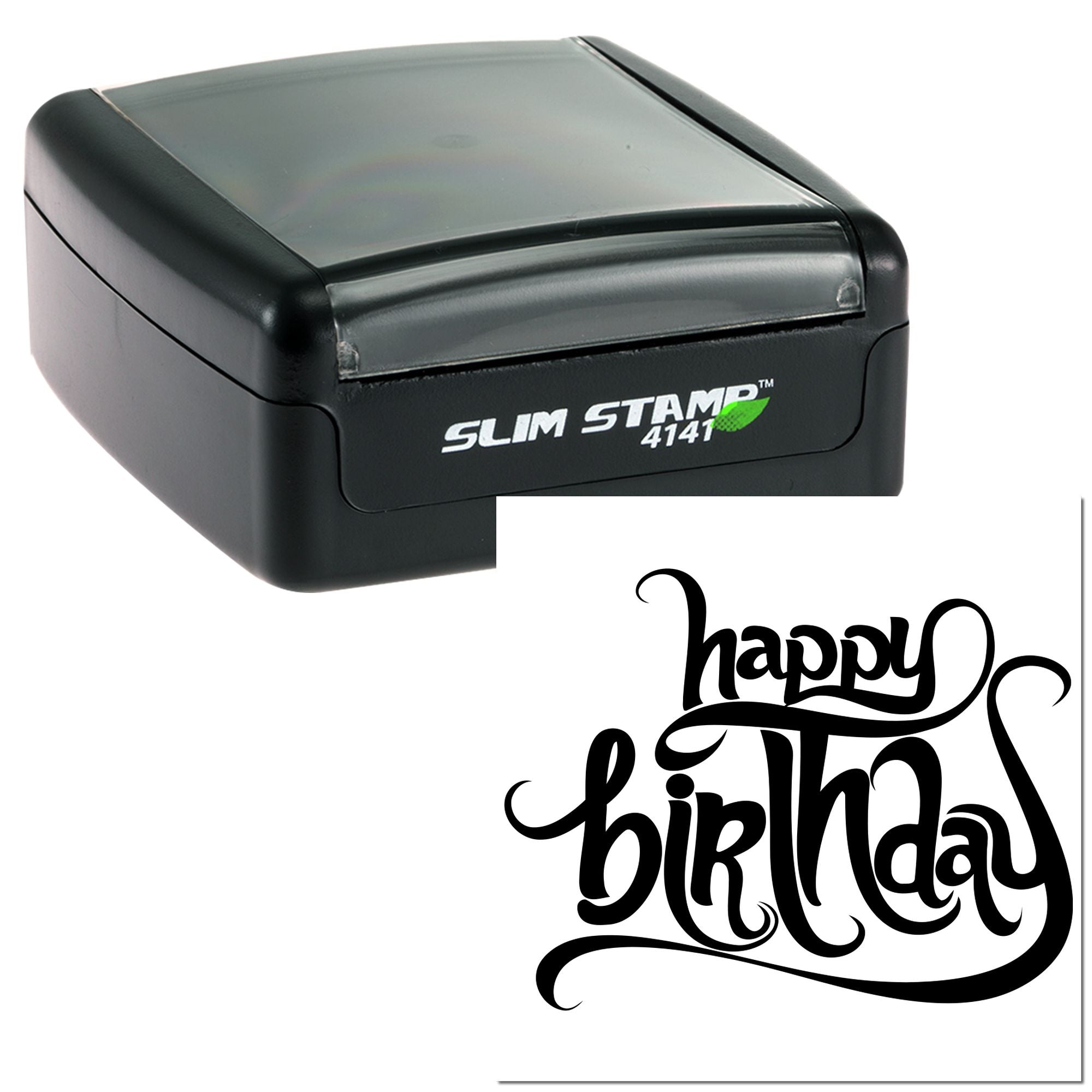 Slim Stamp 4141 custom rubber stamp showing a decorative happy birthday imprint for cards, invitations, and birthday crafts.