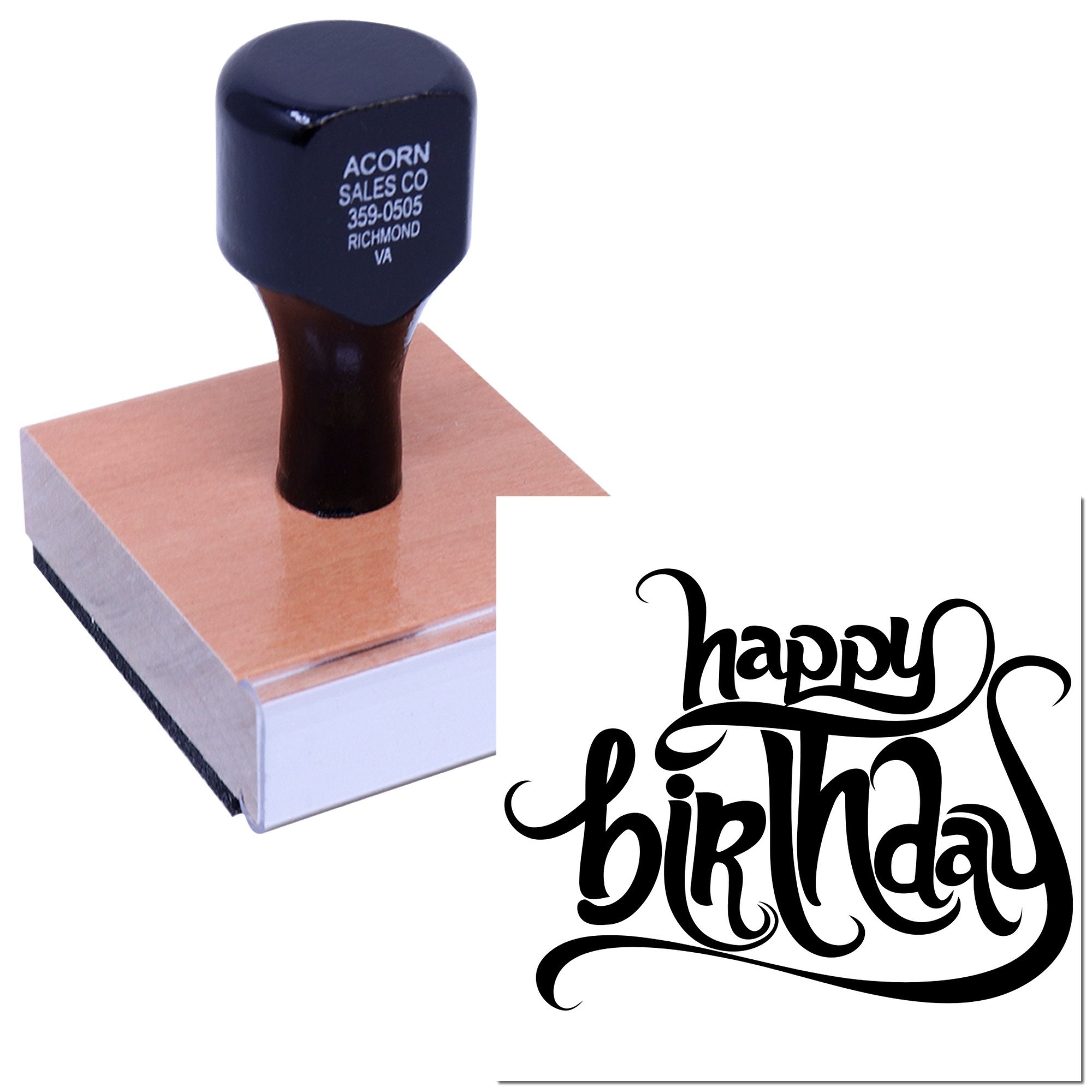 Custom birthday rubber stamp with decorative happy birthday design for greeting cards and party crafts.