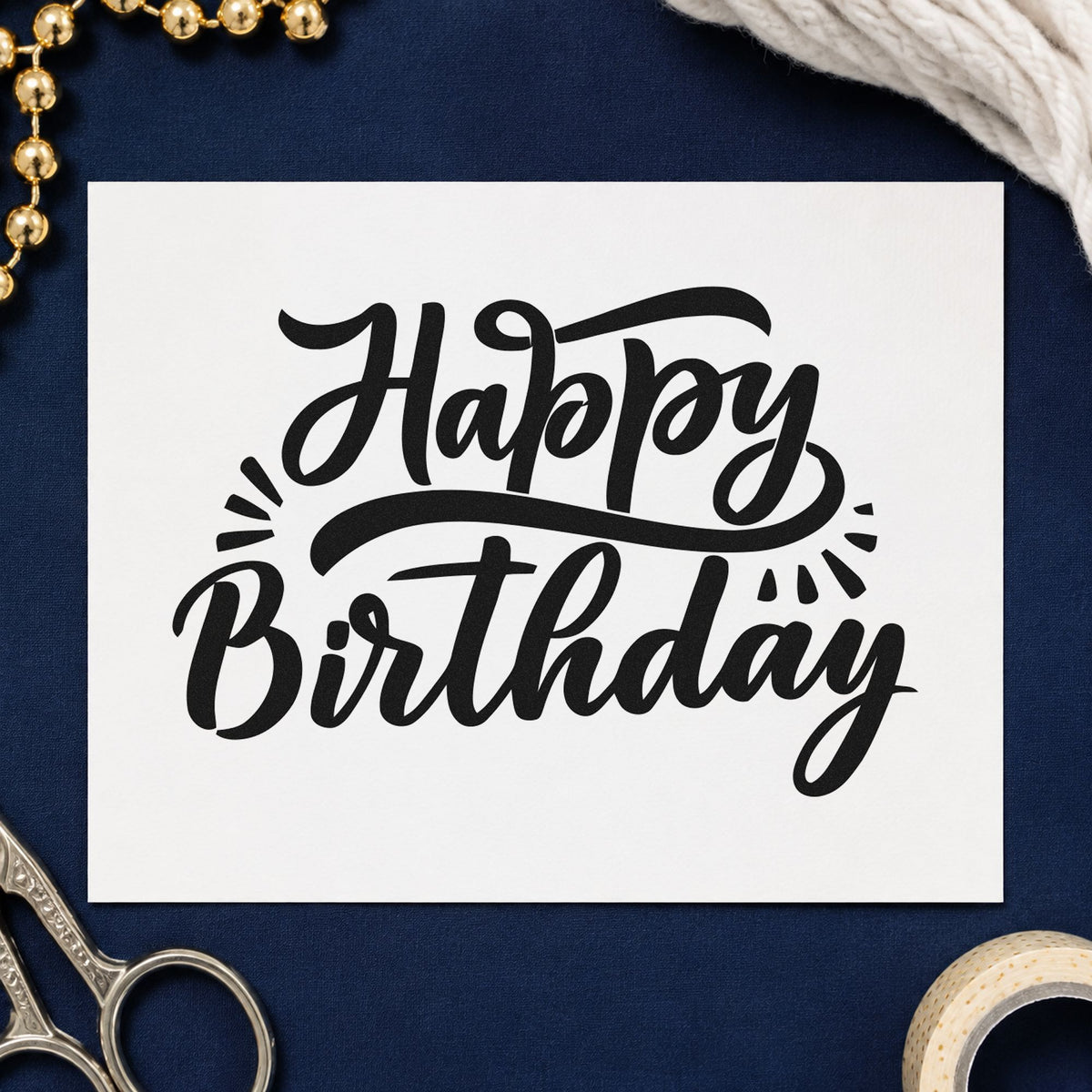 Happy Birthday Retro Flourishes craft stamp in black ink on cardstock, an easy option for rink party album page.