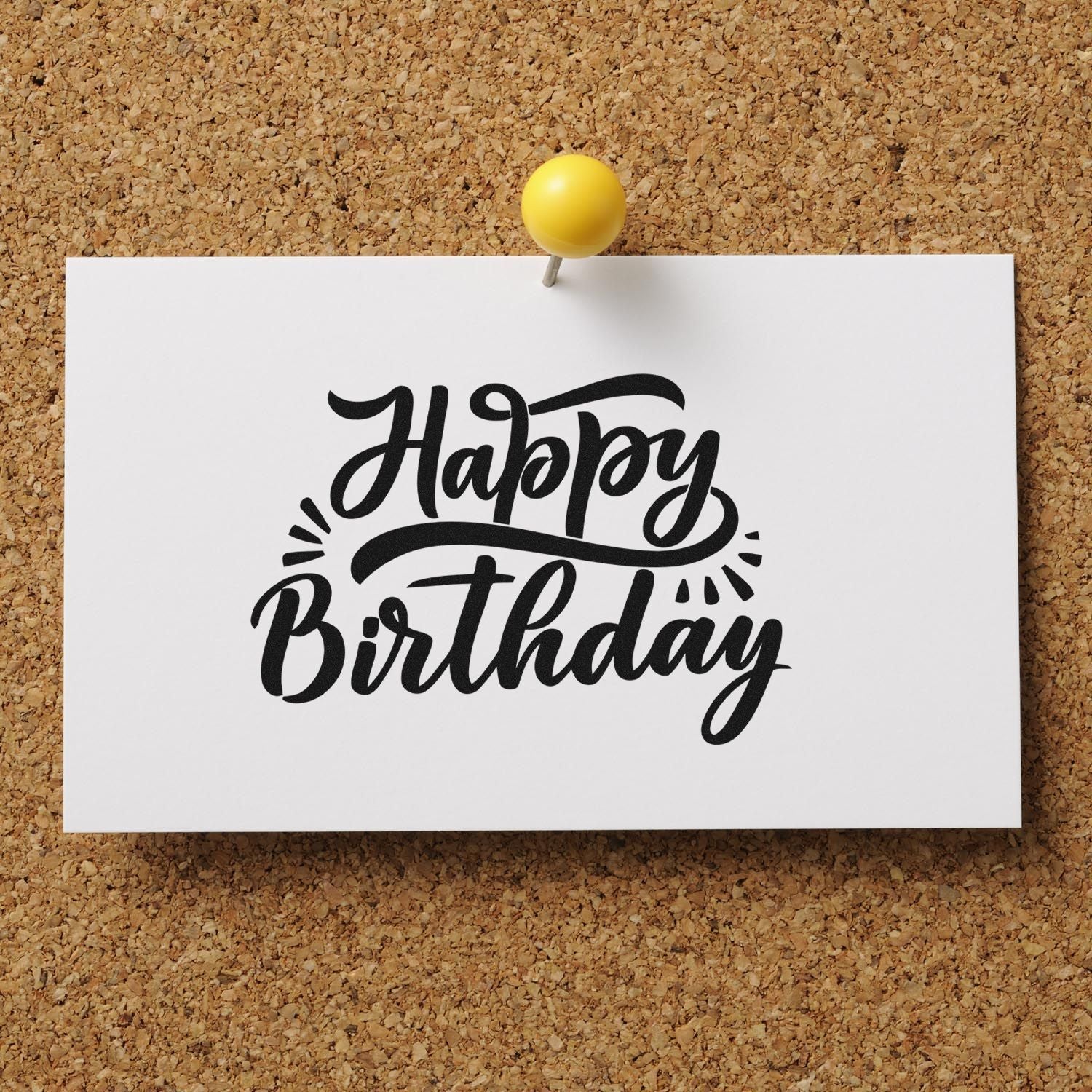 Happy Birthday rubber stamp design on white card, ideal for birthday cards and handmade paper crafts.