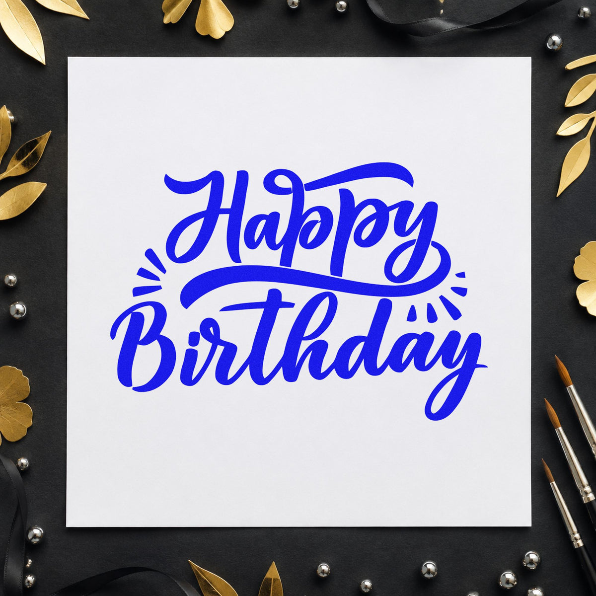 Happy Birthday Retro Flourishes craft stamp imprinted in blue ink on paper, a design suited to framed skate counter.