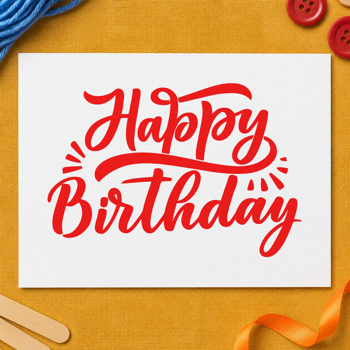 Happy Birthday Retro Flourishes rubber stamp shown in red ink, stamped for projects such as rack size labels.