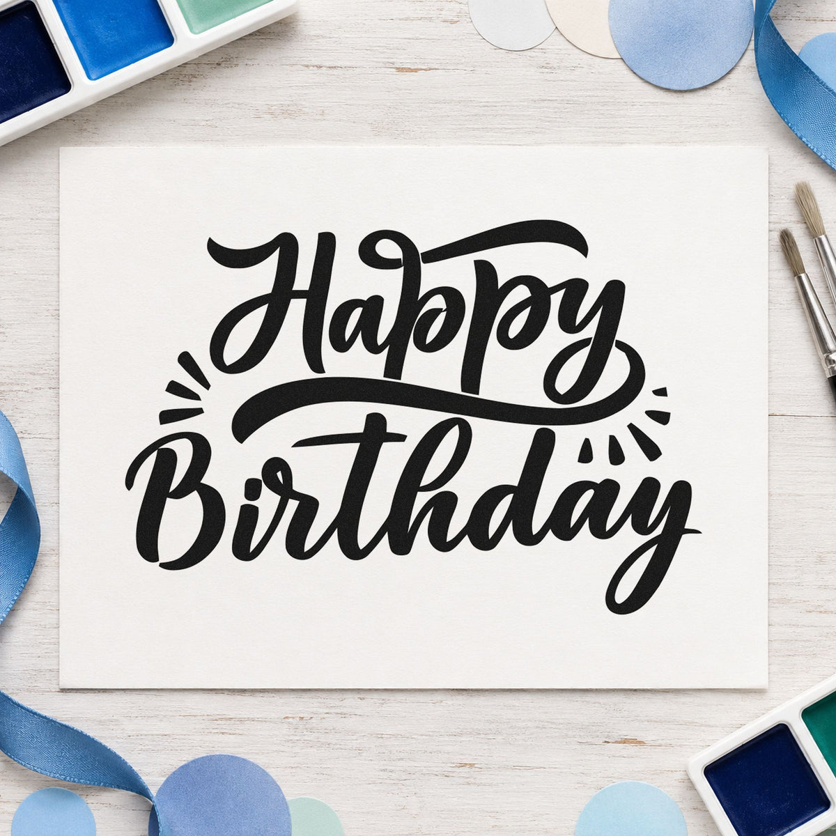 Happy Birthday Retro Flourishes rubber stamp printed in black ink, ready for sweeping underline cards and similar paper crafts.