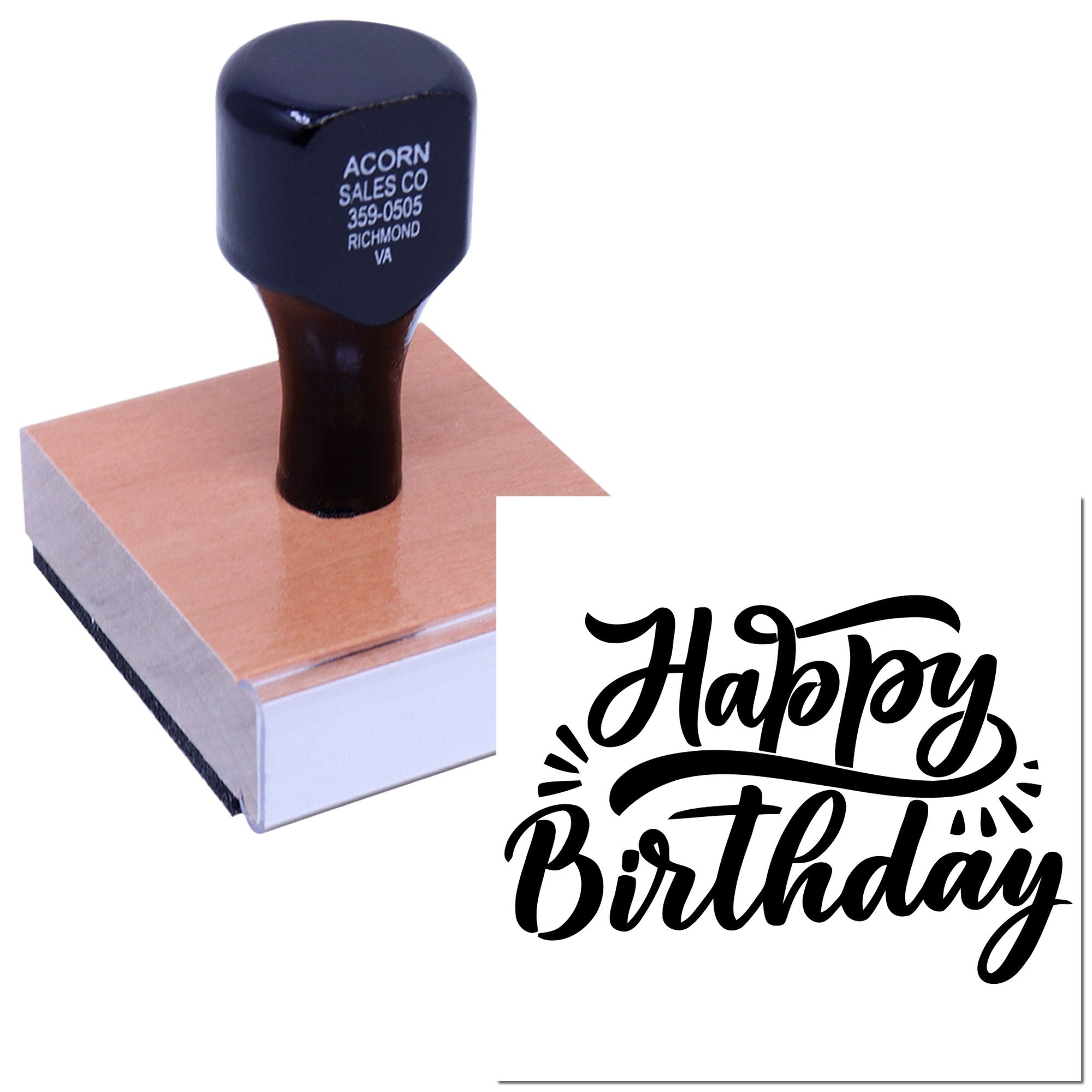 Custom Happy Birthday rubber stamp for birthday cards, invitations, and craft packaging.