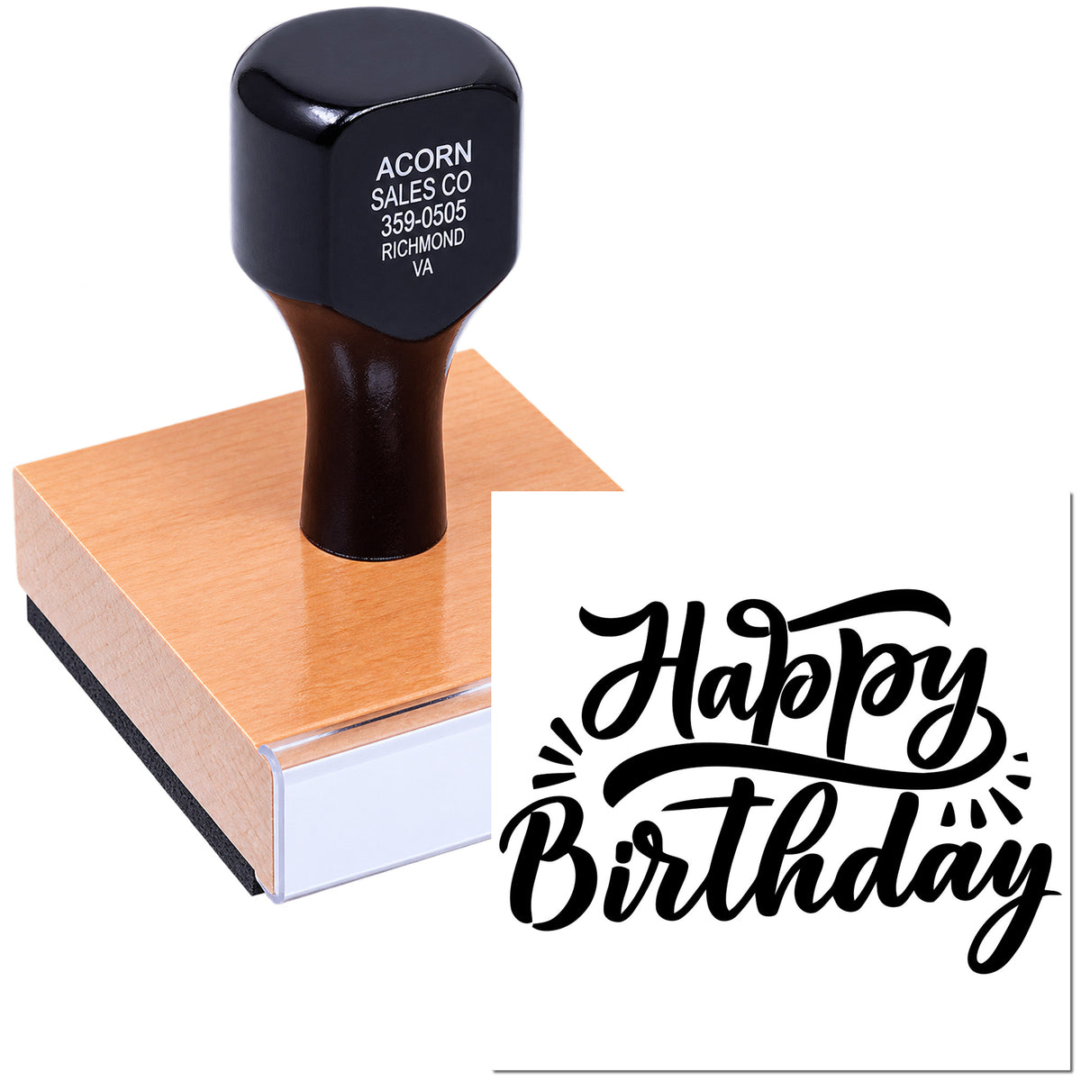 Custom Happy Birthday rubber stamp for birthday cards, invitations, and craft packaging.
