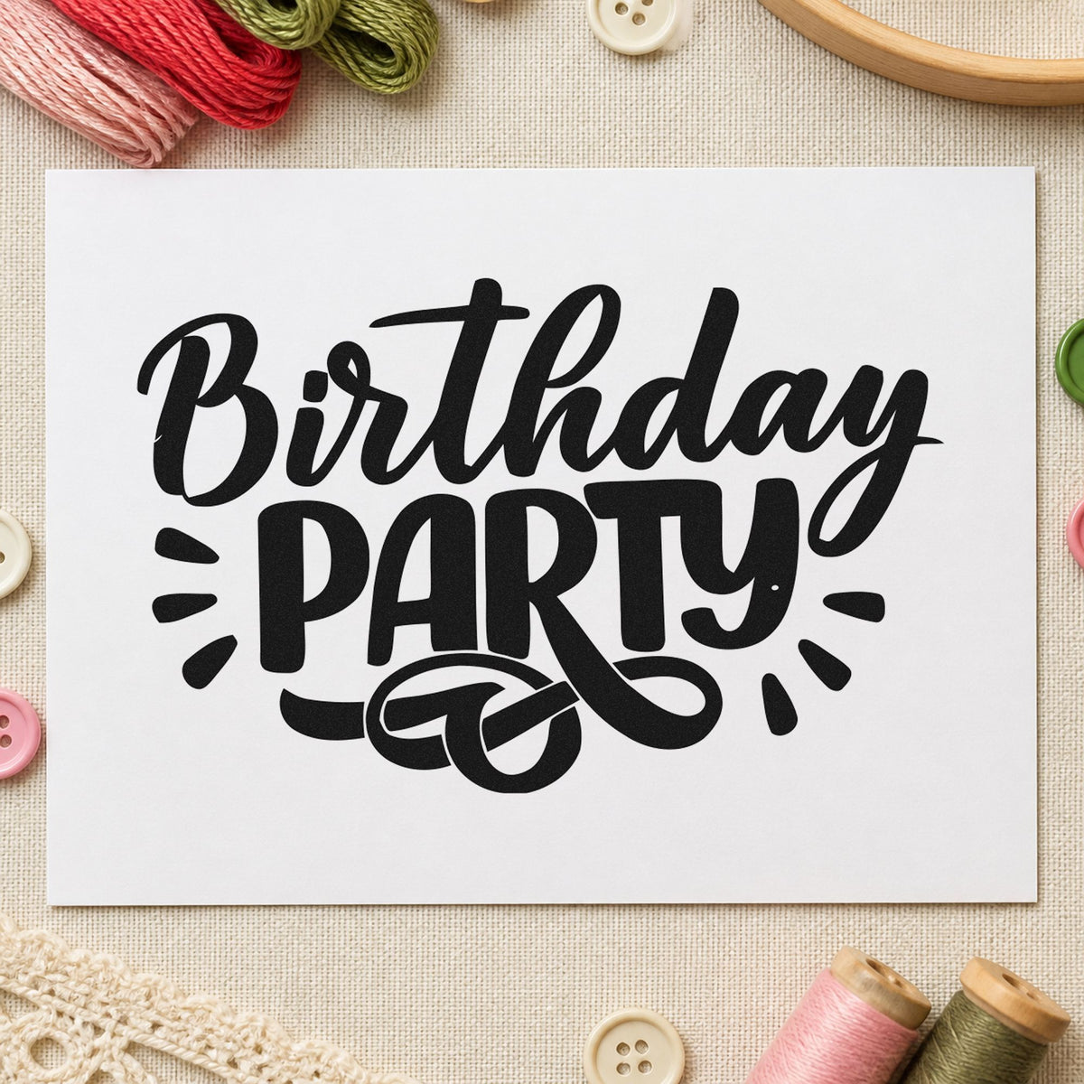 Birthday Party Bold Flourish craft stamp in black ink on cardstock, an easy option for pet party album page.