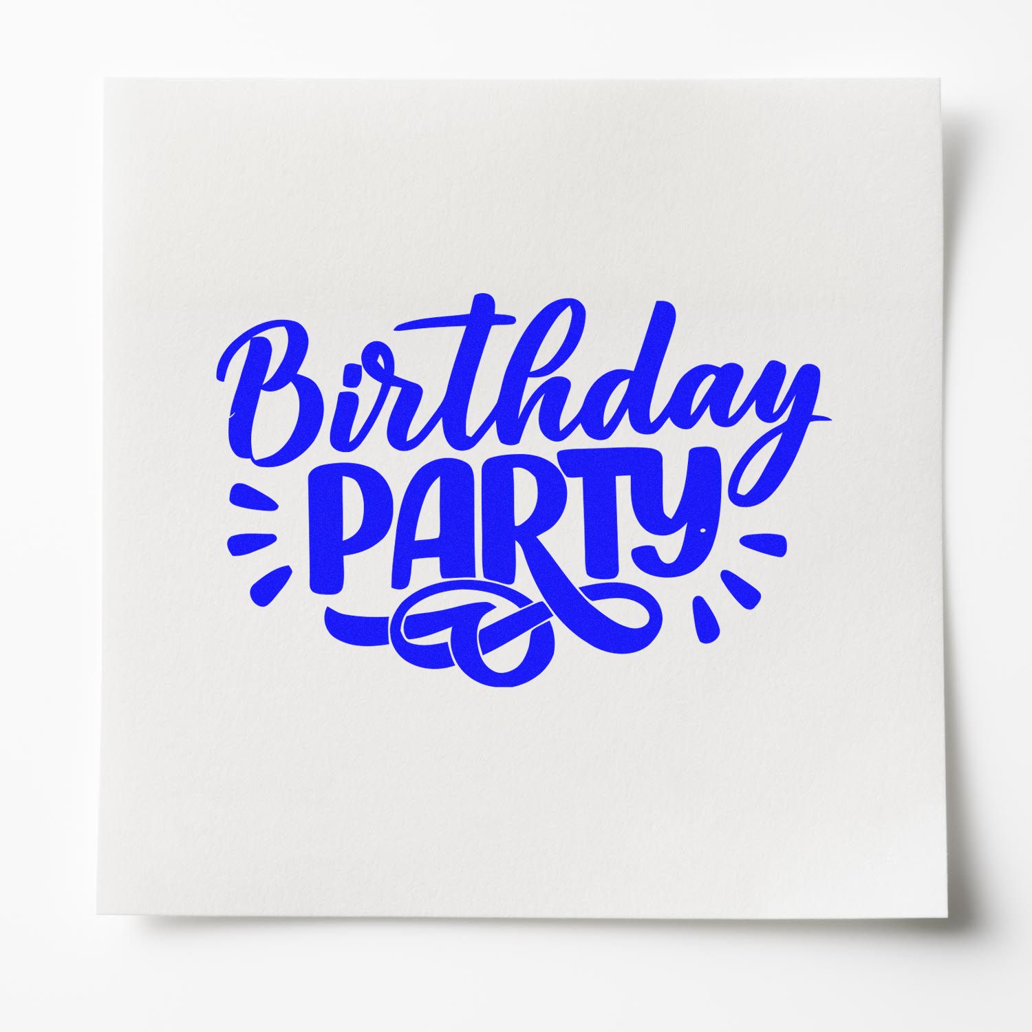 Birthday party rubber stamp design with bold blue lettering for greeting cards, invitations, and celebration crafts.
