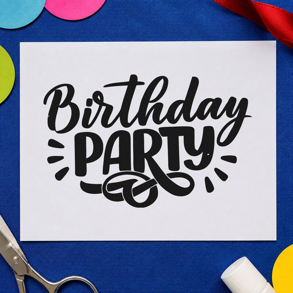 Birthday Party Bold Flourish craft stamp imprint in black ink on a handmade project, one idea being treat bag gift tags.