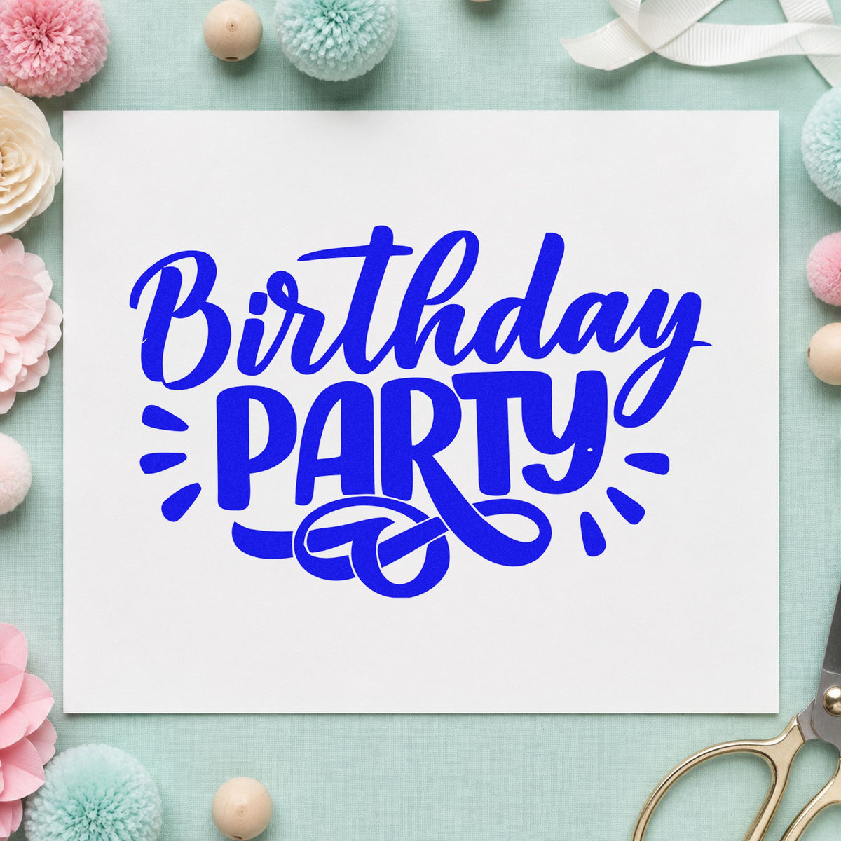 Birthday Party Bold Flourish craft stamp imprinted in blue ink on paper, a design suited to framed back gate.