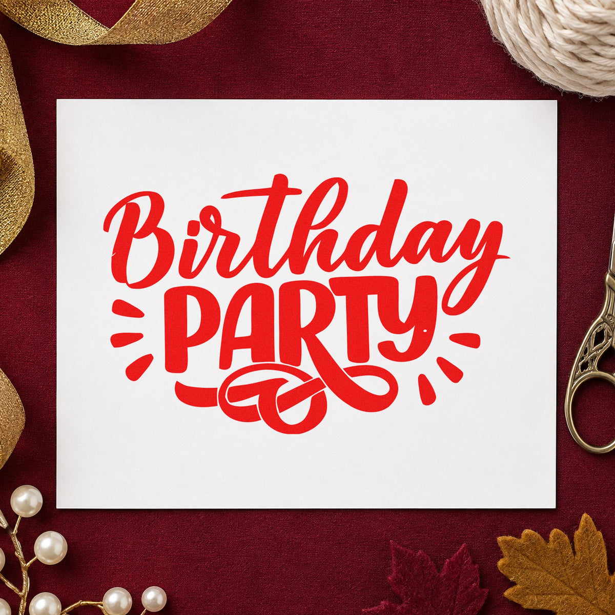 Birthday Party Bold Flourish rubber stamp shown in red ink, stamped for projects such as bin toy labels.