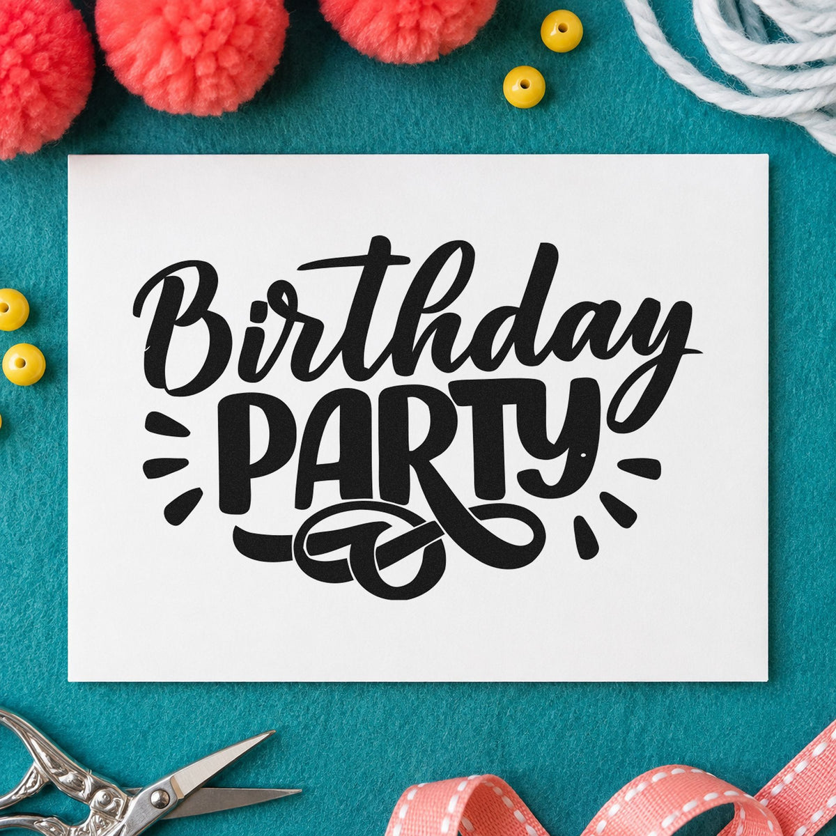 Birthday Party Bold Flourish rubber stamp printed in black ink, ready for curled underline cards and similar paper crafts.