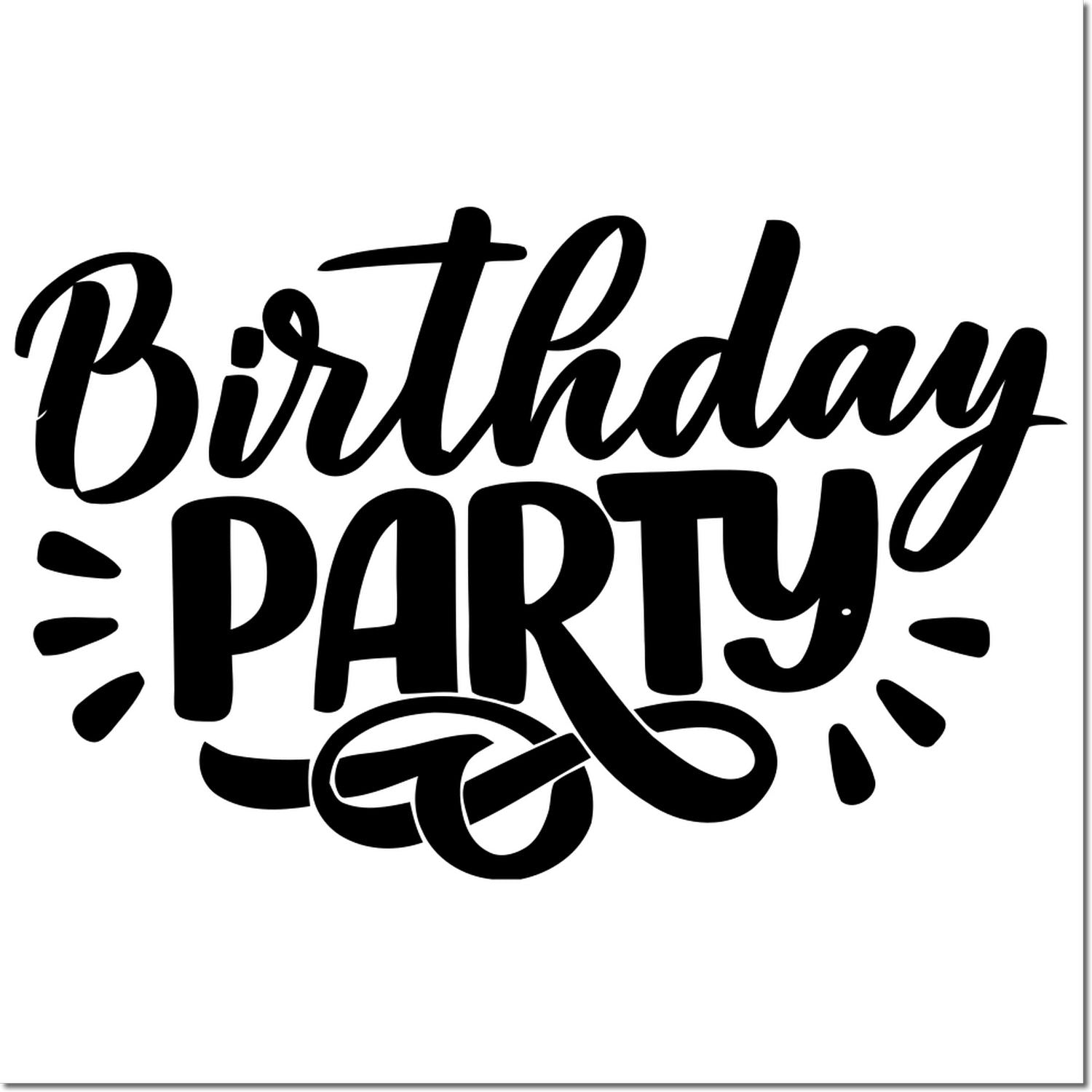 Birthday party rubber stamp design with bold script lettering and festive confetti accents.