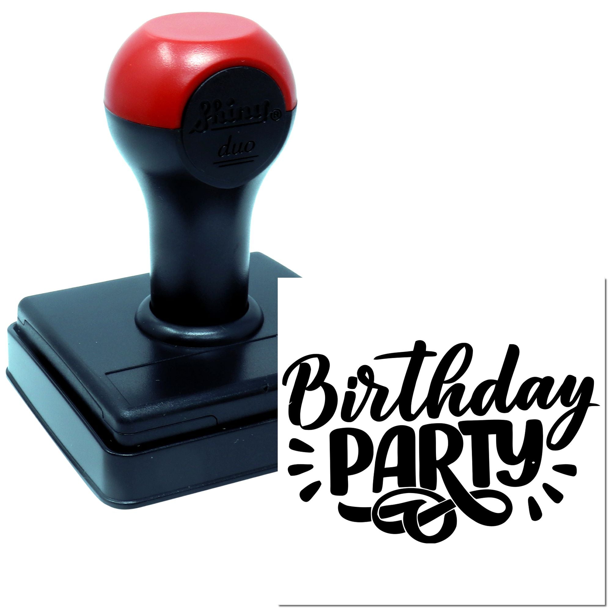Custom birthday party rubber stamp with self-inking mount for personalized event invitations and crafts