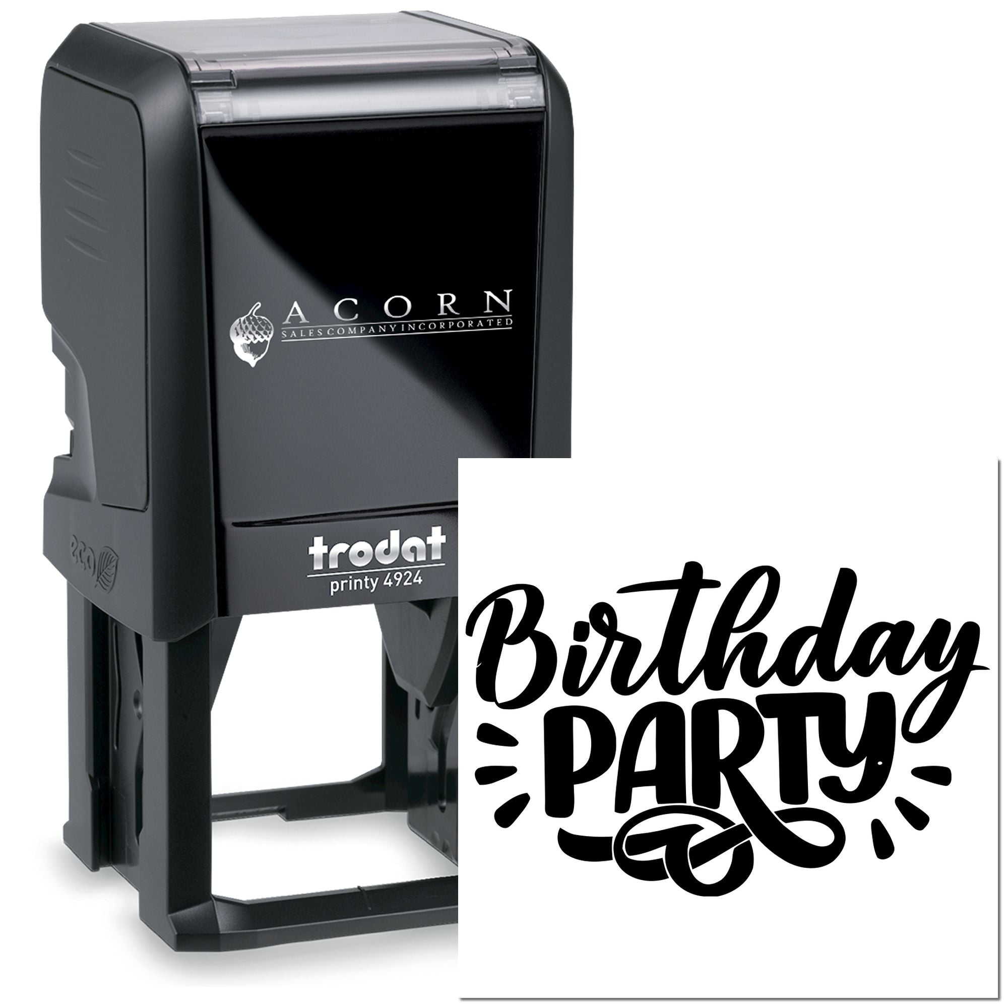 Custom birthday party self-inking rubber stamp, Trodat Printy 4924, for invitations, packaging, and event branding.