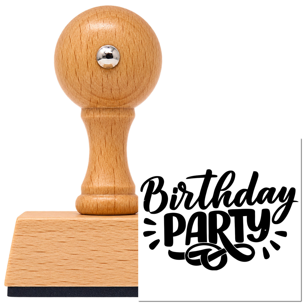Birthday Party Bold Flourish Vintage Pro rubber stamp in European beech wood with a round knob handle, shown beside its black imprint.