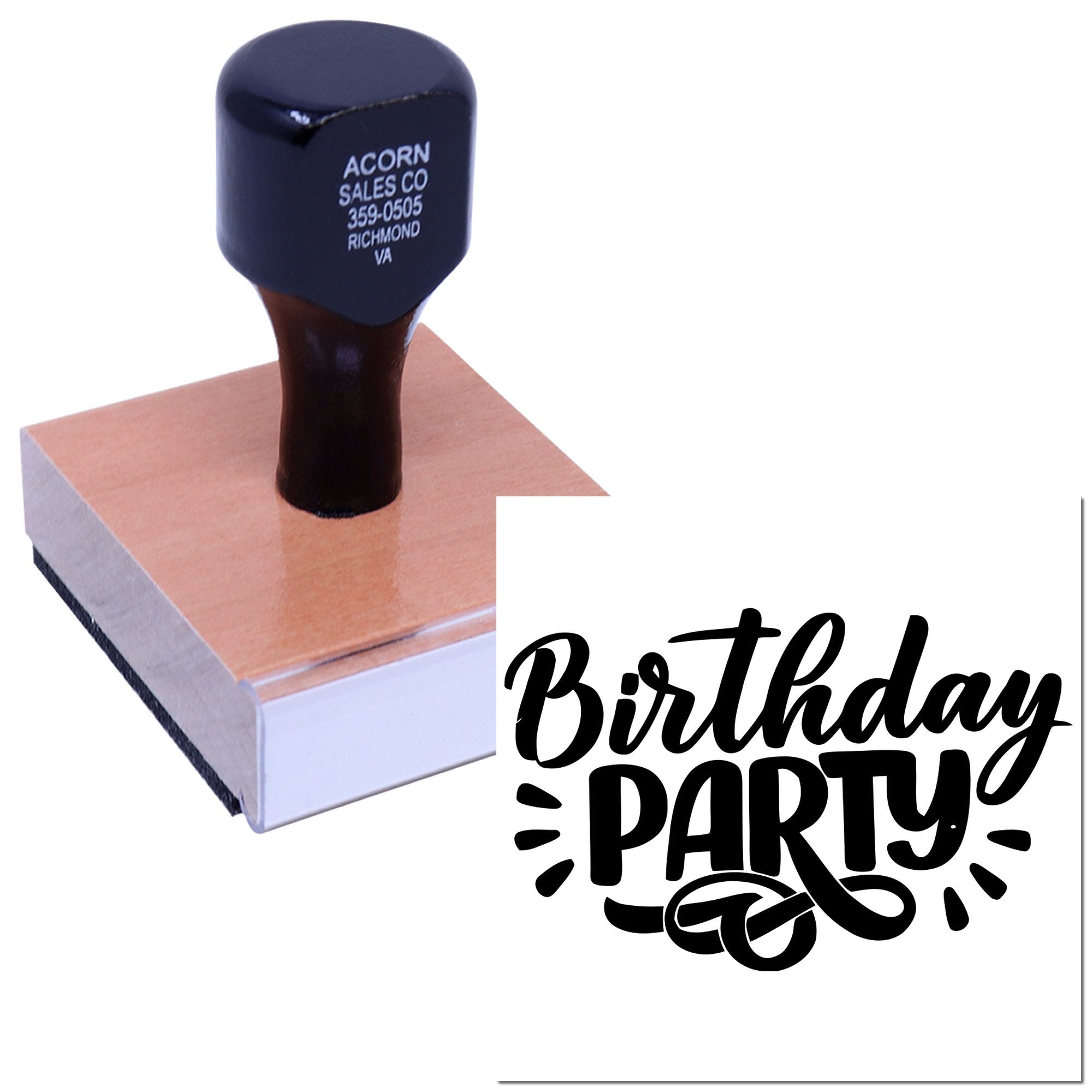 Birthday party rubber stamp design for invitations, cards, gift tags, and party packaging.