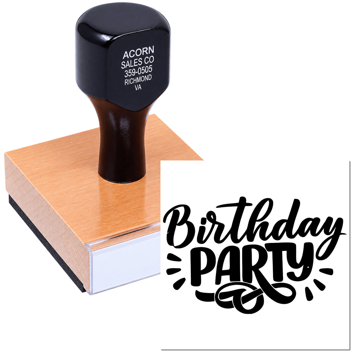 Birthday party rubber stamp design for invitations, cards, gift tags, and party packaging.