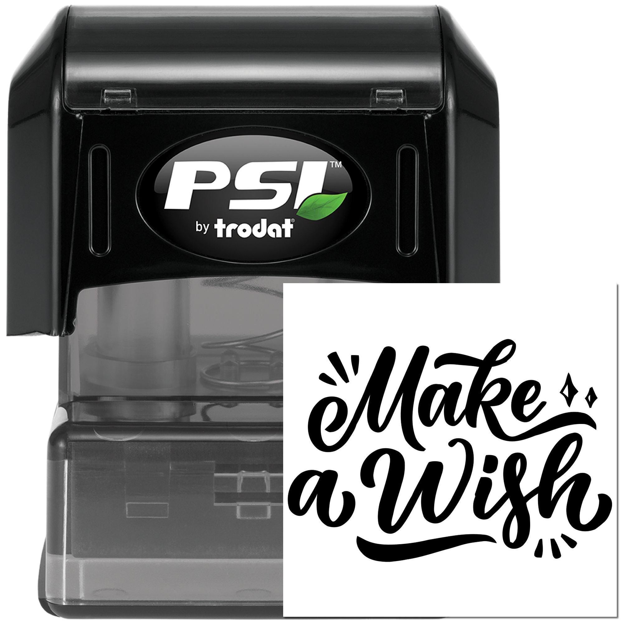 PSI by Trodat self-inking rubber stamp with custom Make a Wish design for crafts, gifts, and branding
