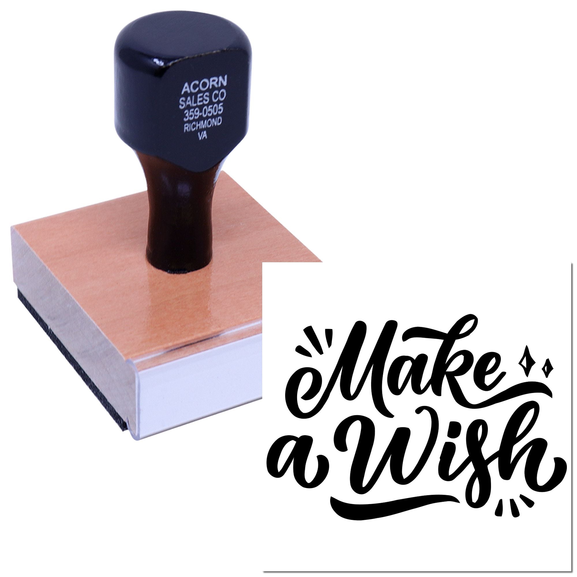 Custom rubber stamp featuring Make a Wish script design, ideal for handmade cards, crafts, and gift packaging.