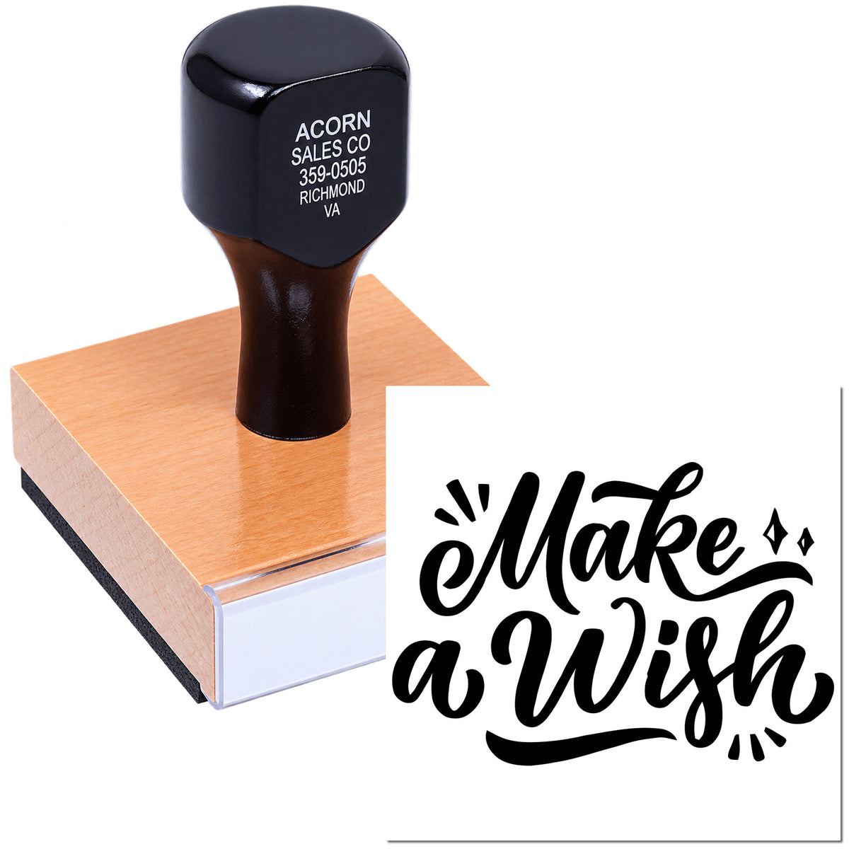 Custom rubber stamp featuring Make a Wish script design, ideal for handmade cards, crafts, and gift packaging.