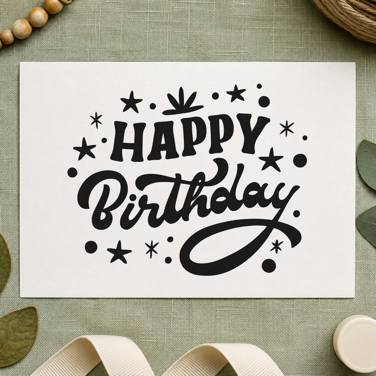 Happy Birthday Star Confetti craft stamp in black ink on cardstock, an easy option for space party album page.
