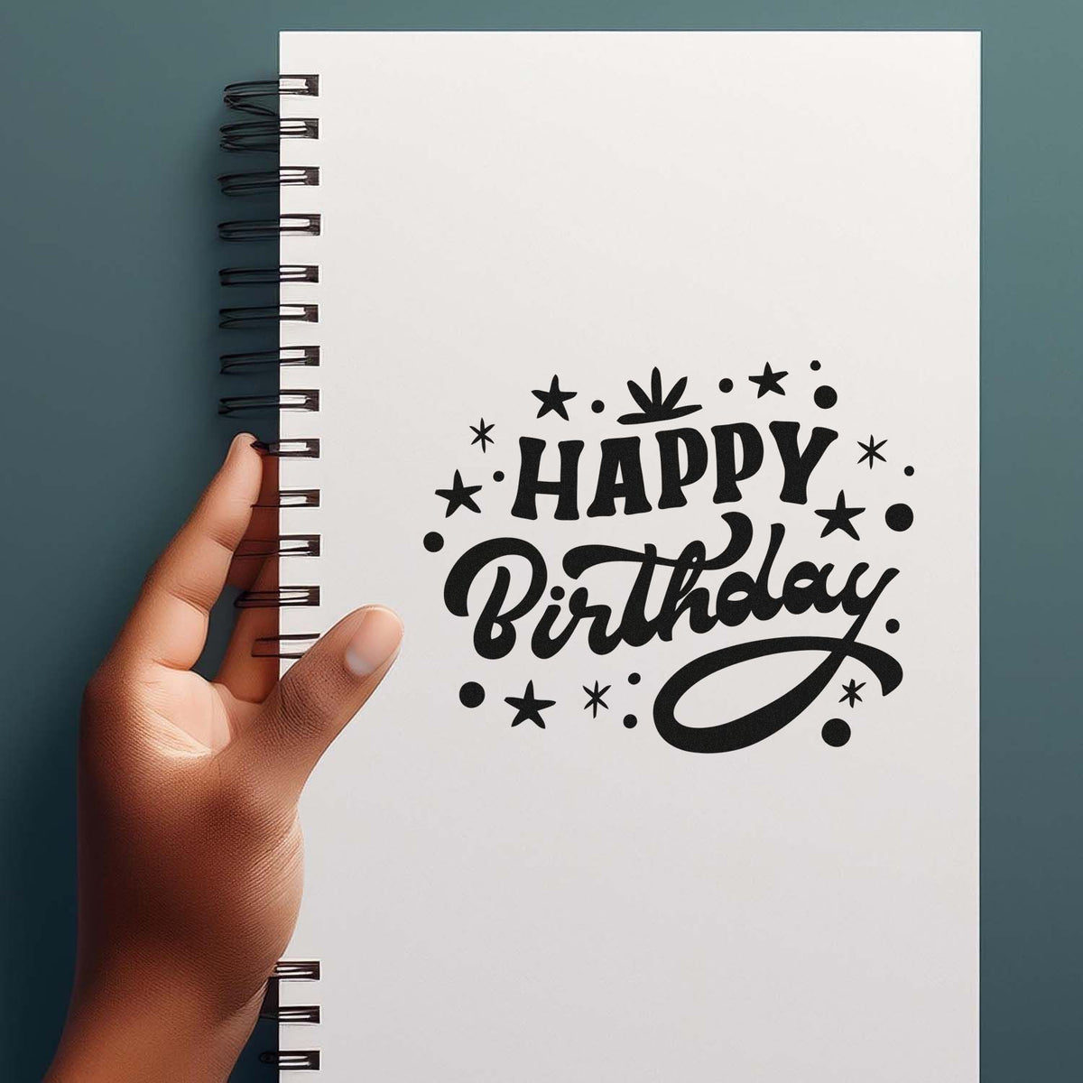 Vintage Pro Happy Birthday Star Confetti Premium Wooden Stamp imprint stamped in black ink. HAPPY Birthday appears in bold lettering surrounded by stars, dots, and small sparkles.